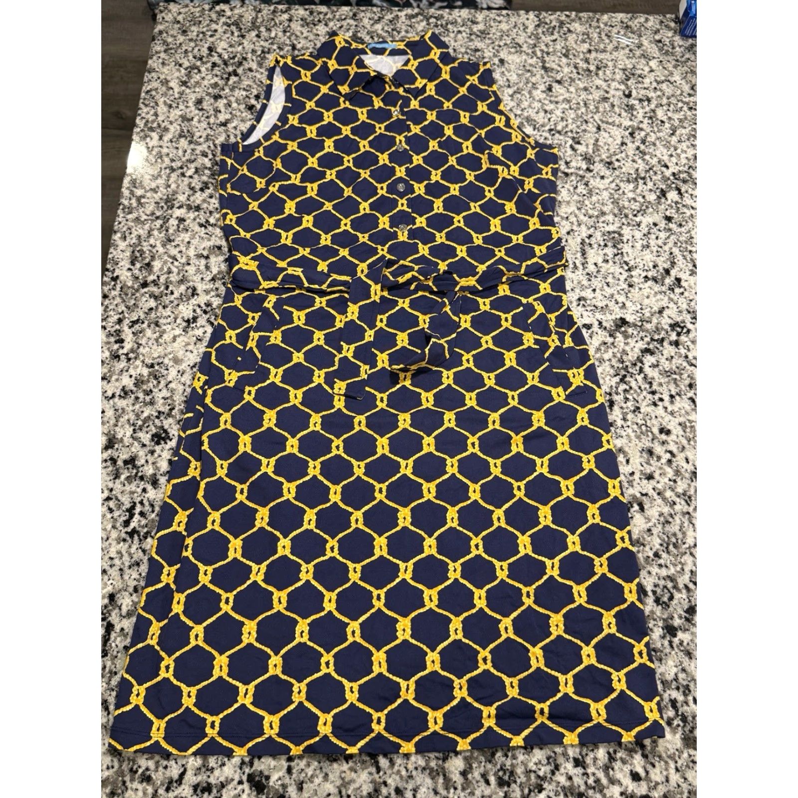 J.McLaughlin J. McLaughlin Shirt Dress Womens V-Neck Sleeveless Belted Knee Length Pockets Geometric Navy/Gold Nylon Spandex Size L Size L / US 10 / IT 46 - 2 Thumbnail