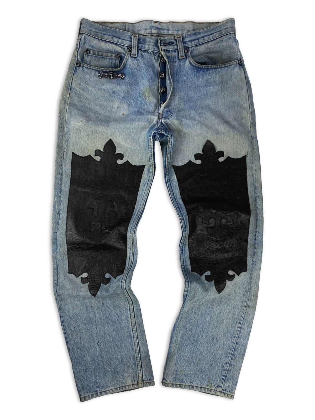 image of A G Rock N Roll Couture 90's A&g Rock ‘N Roll Couture ‘Cross’ Leather Levi’S Denim in Blue (Size 31