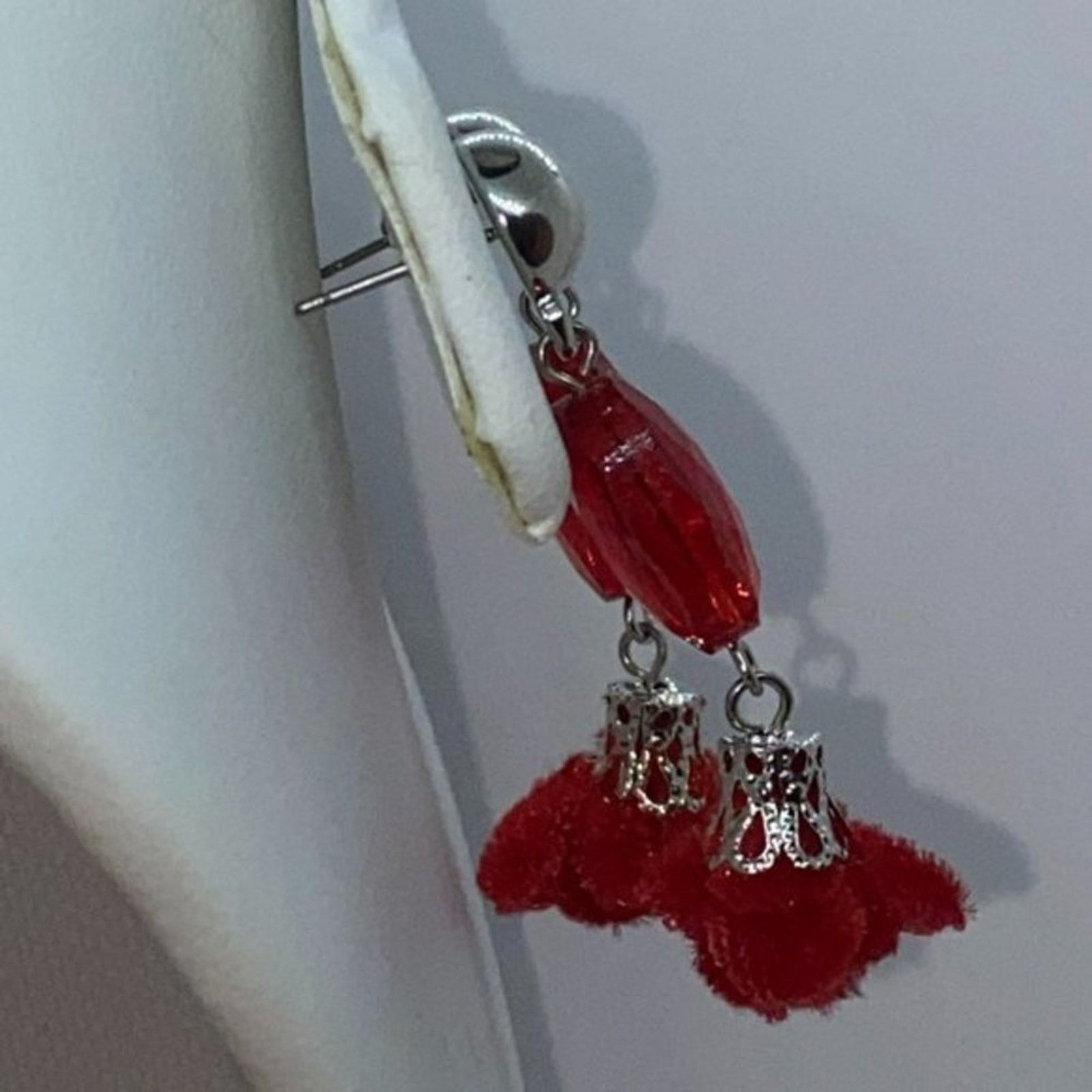 Handmade Silver-Tone Red Beaded & Pom-Pom Dangle Earrings Size ONE SIZE - 7 Thumbnail