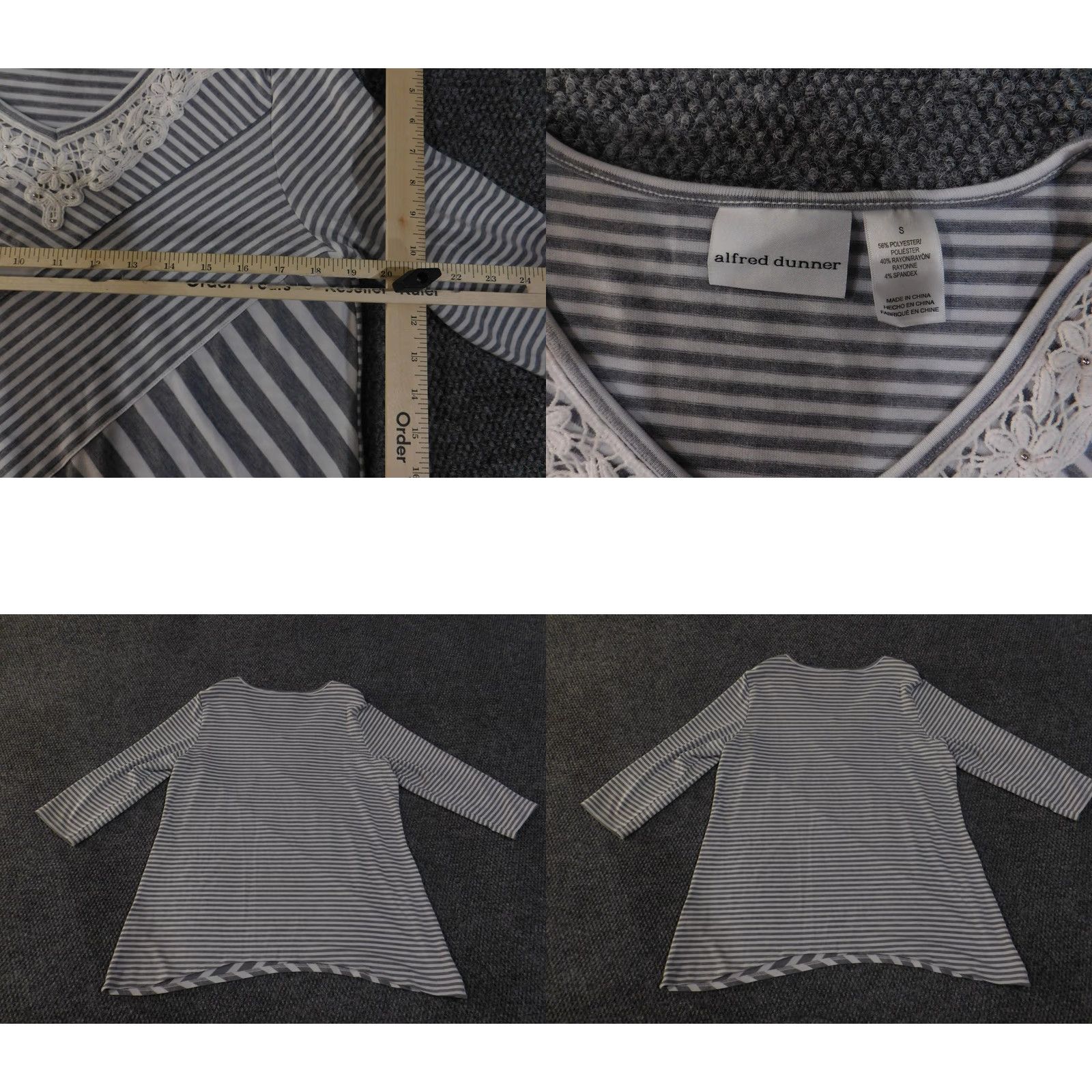 Vintage Alfred Dunner Blouse Womens Small Gray Striped Lace Trim V-Neck Stretch Casual 3/4 Sleeve Size S / US 4 / IT 40 - 8 Thumbnail