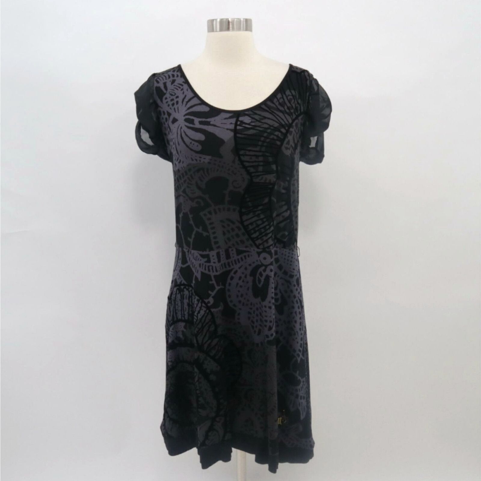 image of Desigual Shift Tee Dress Womens L Large Black Gray Sheer Cap Sleeve Logo Stretch in White