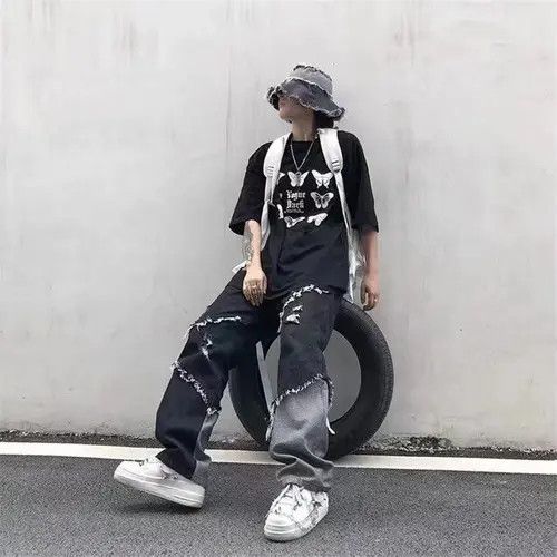 VIBE Baggy Distressed Patchwork Jeans, Embroidered Jeans Size US 34 / EU 50 - 4 Thumbnail