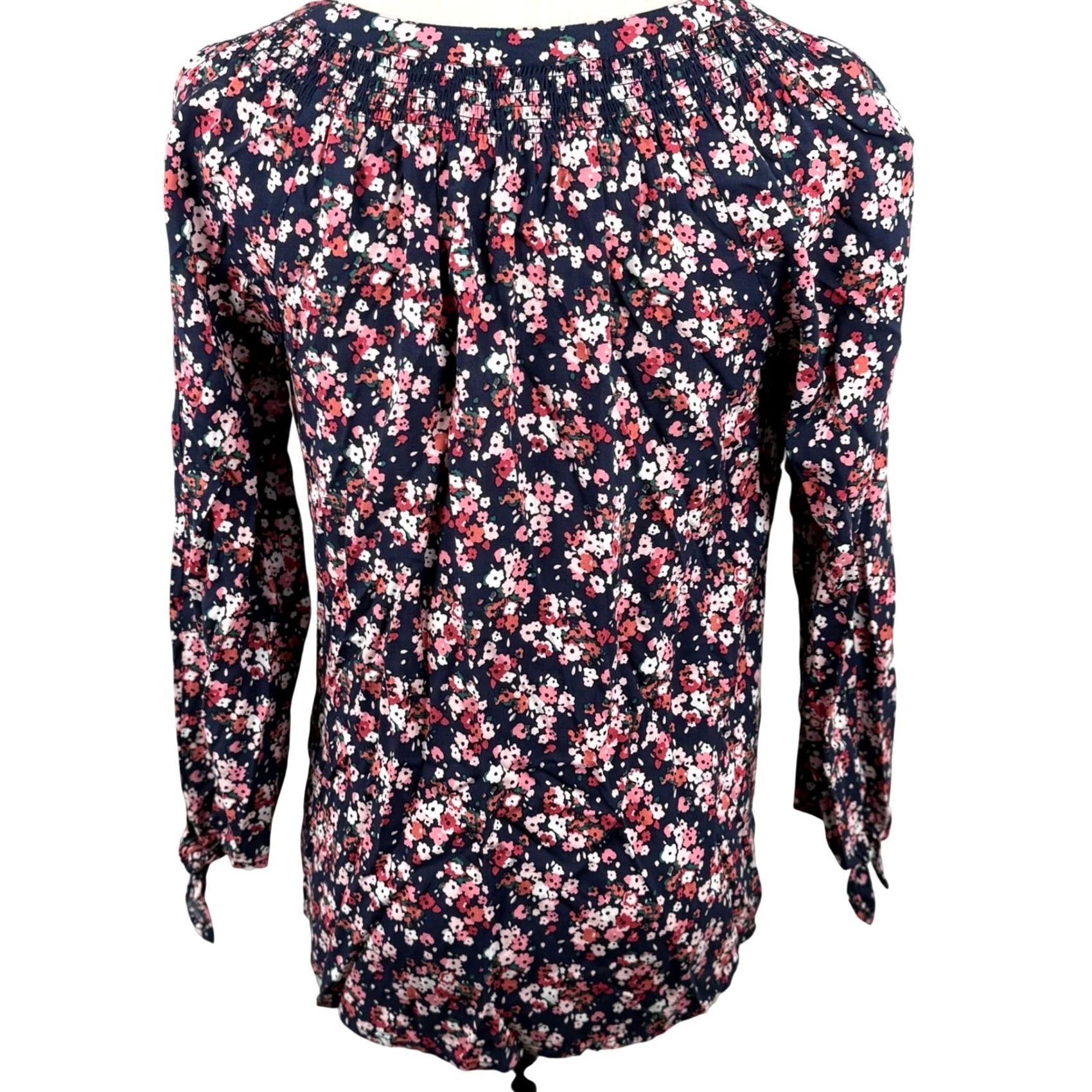 Pinko VINTAGE Westport Women Blouse Navy Pink Floral Smocked Tie Cuff Rayon EUC Size S / US 4 / IT 40 - 3 Thumbnail