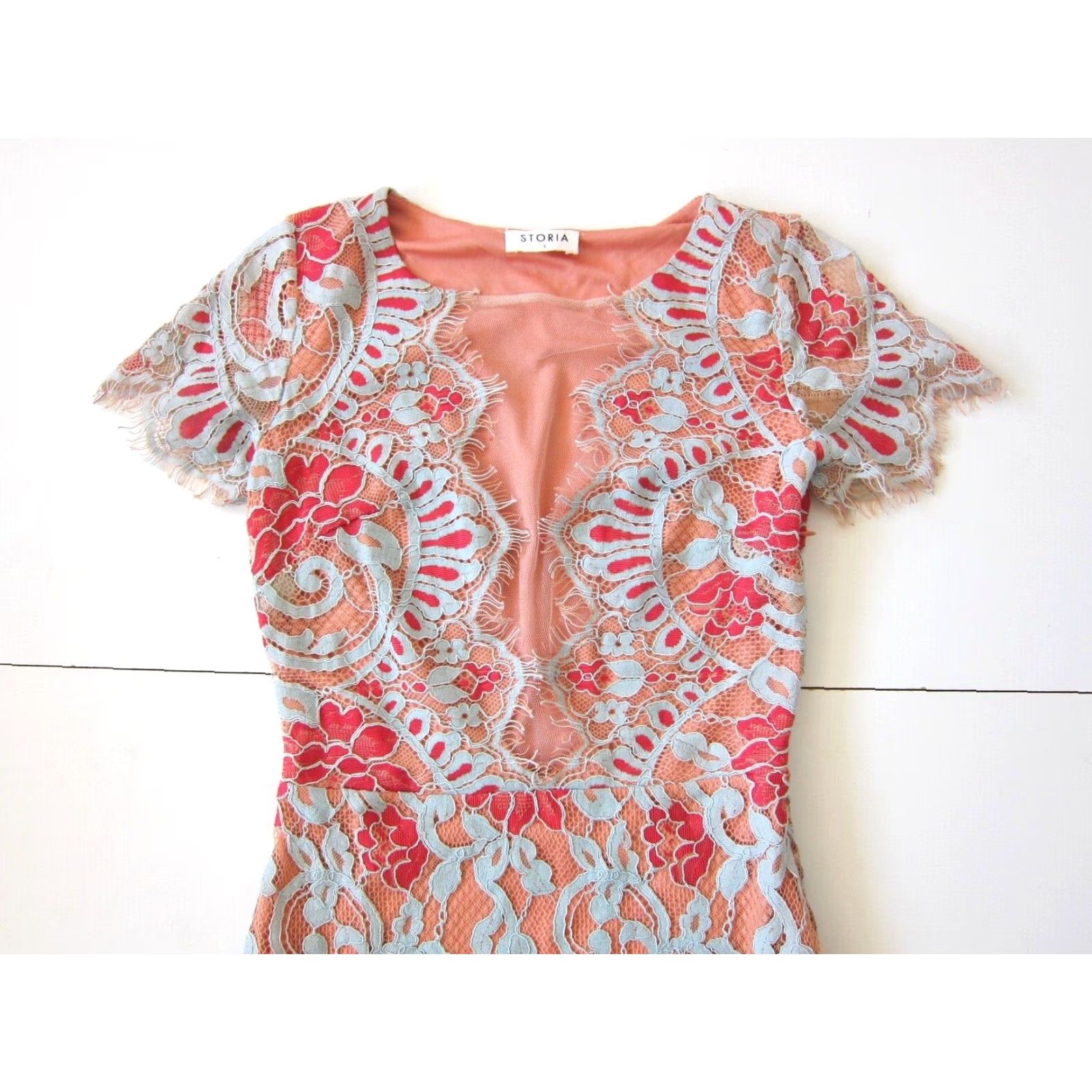 Pinko Storia Dress Cap Sleeve Pink Blue Lace Floral Embroidered Sheath Small Empire Size S / US 4 / IT 40 - 3 Thumbnail