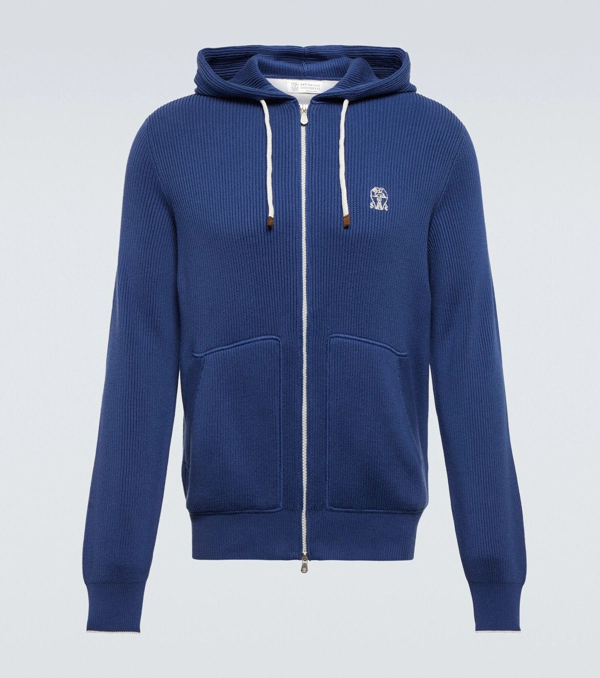 Brunello Cucinelli o1w1db10326 Ribbed Knit Cotton Hoodie in Blue Size US L / EU 52-54 / 3 - 1 Thumbnail