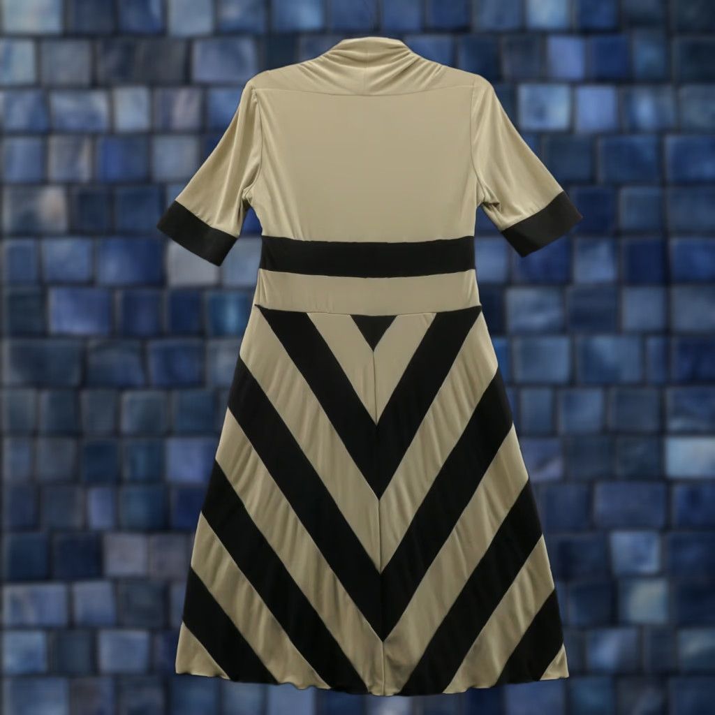Joseph Ribkoff Joseph Ribkoff Fit Flare Dress 10 Black Beige Womens Stripe 3/4 Sleeve Stretch Knee Length Jersey Spandex Polyester Pullover Size L / US 10 / IT 46 - 1 Thumbnail