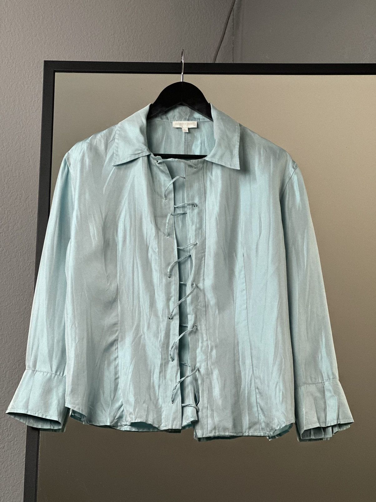 Just Cavalli Roberto Cavalli Silk Blouse Stone Embellished Designer BLUE Size L / US 10 / IT 46 - 2 Thumbnail