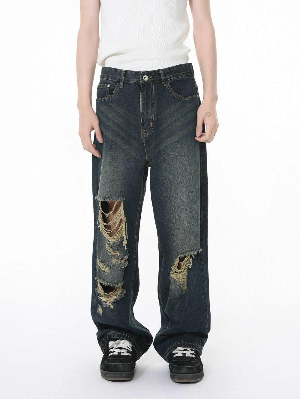 Japanese Brand × Vintage Men's ripped loose straight jeans Size US 34 / EU 50 - 2 Thumbnail