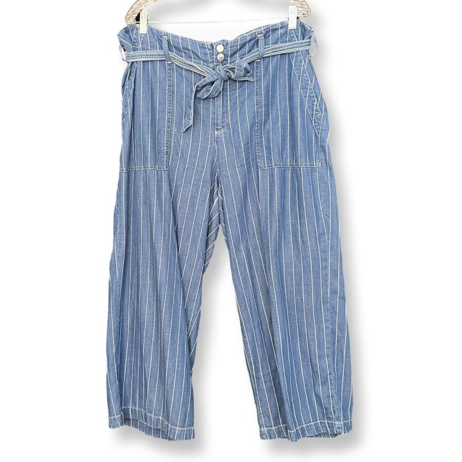 Seven 7 Seven7 Pinstripe Wide Leg Belted Crop Denim Pants Size 38" / US 16 / IT 52 - 2 Thumbnail