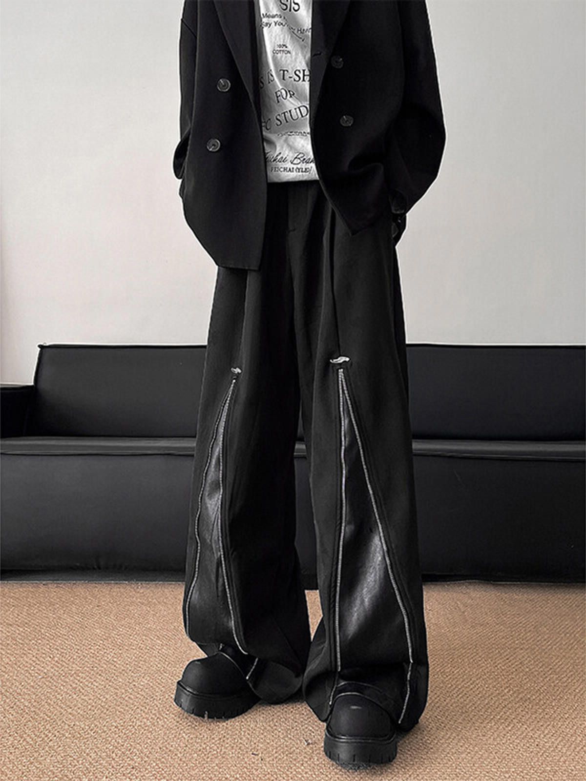 Leather Black Wide-Leg Pants with Leather Accents Size US 32 / EU 48 - 2 Thumbnail