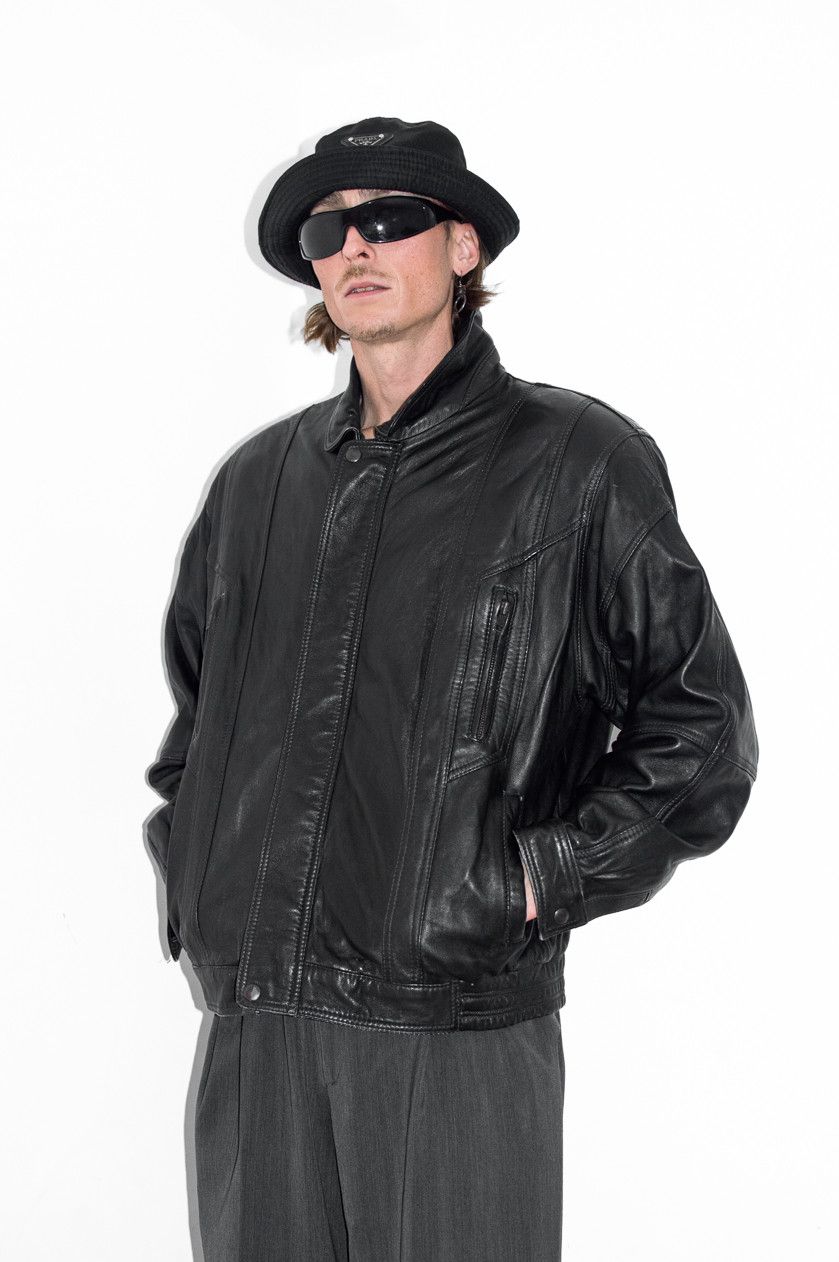 image of 90's Vintage Black Fuax Vegan Leather Boxcut Bomber Jacket, Men's (Size Medium)