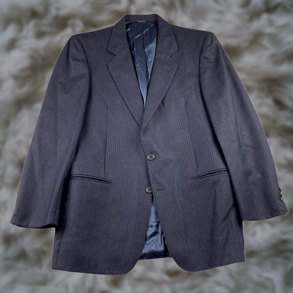 Isaia VINTAGE Isaia Men’s Wool Flannel Blazer Jacket Navy Railroad Stripe Italy 40 S Blazer Mens Wool Notch Lapel Three-Button Two-Button Short Size 40R - 1 Thumbnail
