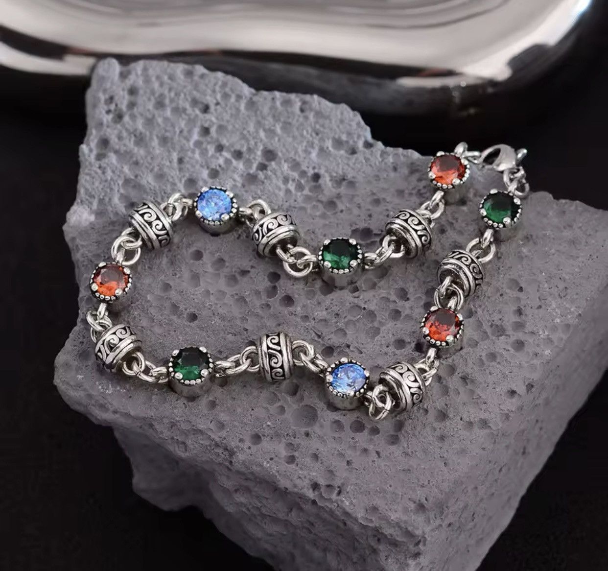 Jewelry × Sterling Silver Trendy Colorful Crystal 925 Sterling Silver Bracelet Size ONE SIZE - 6 Thumbnail