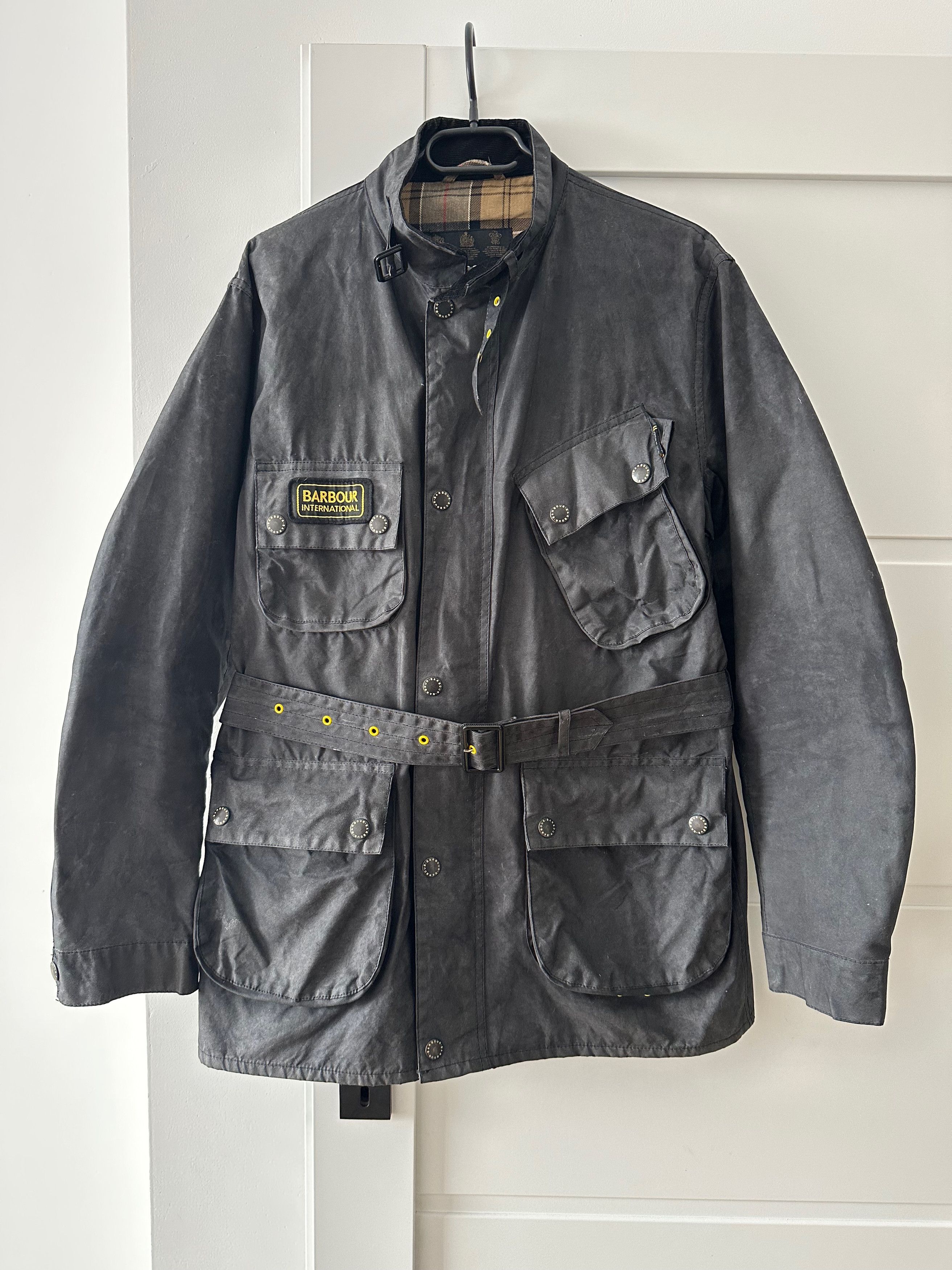 Barbour International Slim waxed belted hunting jacket