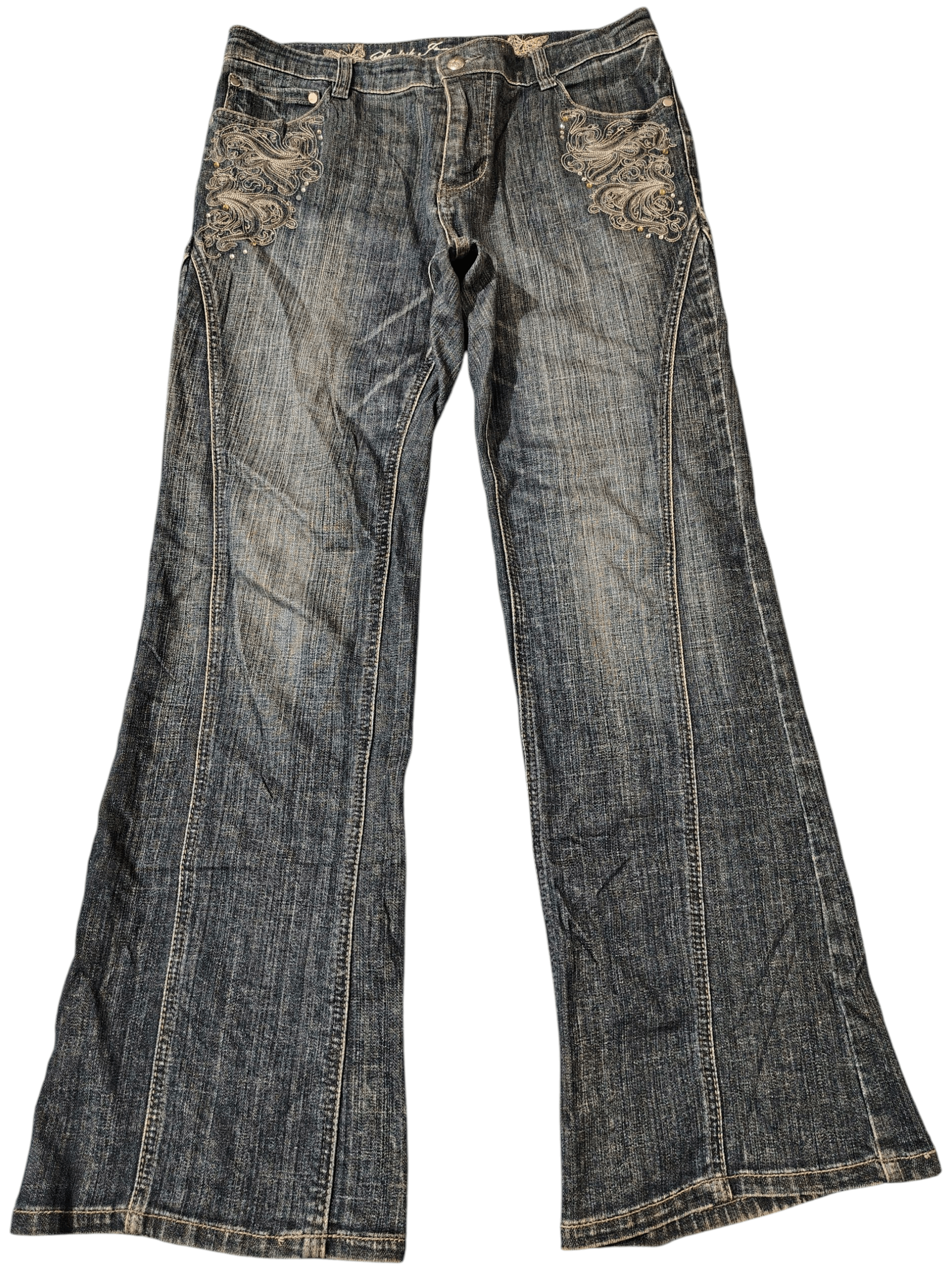 Who Decides War Japan Stylish Jeans Gold Bead Embroidered Flared jeans Twist Size US 32 / EU 48 - 1 Thumbnail