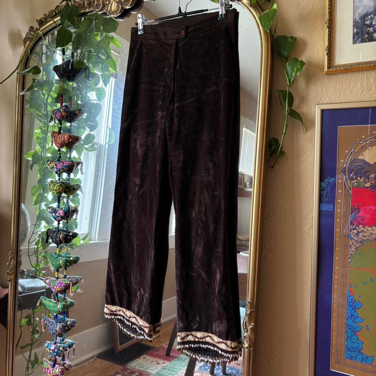 Vintage Vintage Planet Funk Brown Velvety Beaded Ankle Pants 2 Disco Size 26" / US 2 / IT 38 - 2 Thumbnail