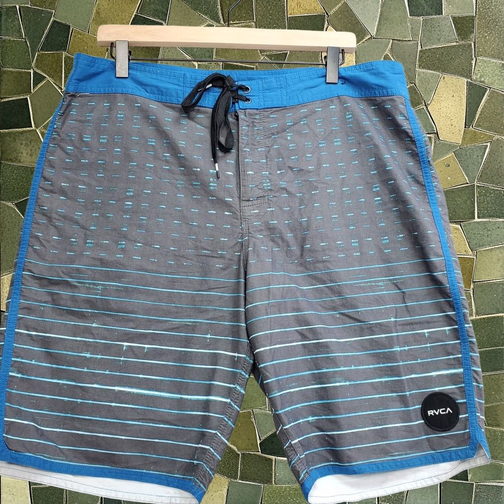 Rvca Board Shorts Mens 34 Gray Blue Striped Performance Pockets Mid-Rise, Men's
