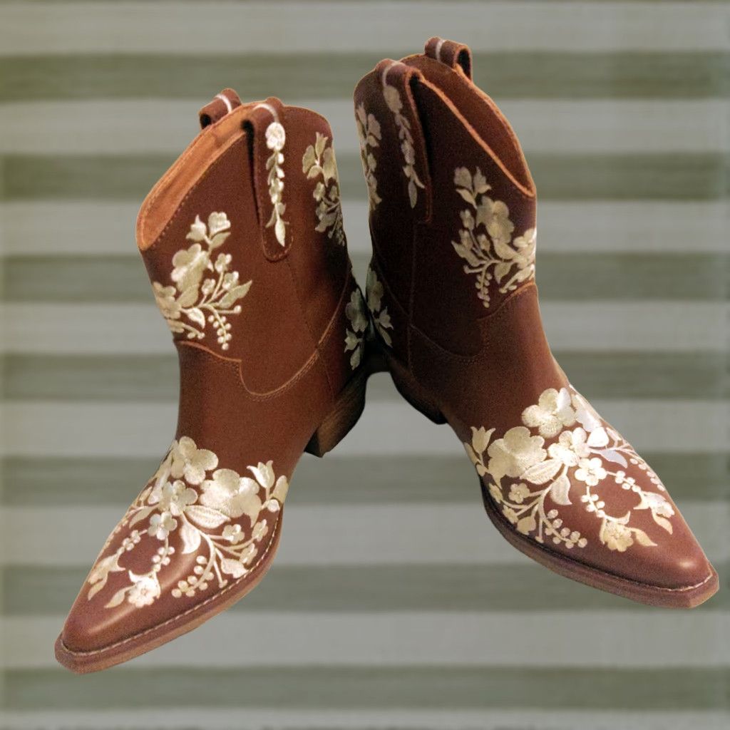 Vintage Dingo Take A Bow Ankle Boots Women Western Floral Embroidered Whiskey Brown Leather 7M Boots Size US 7 / IT 37 - 1 Thumbnail