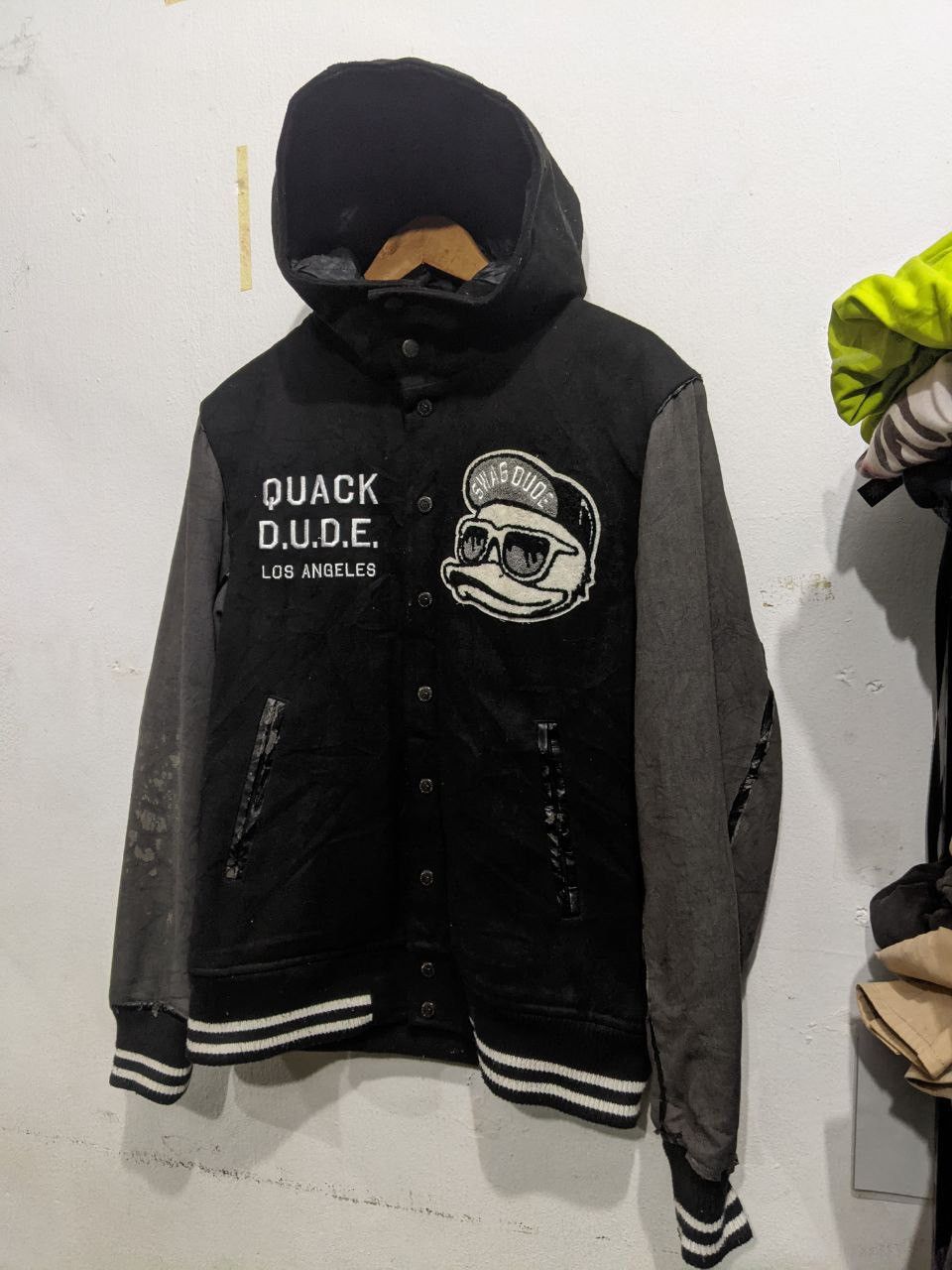 image of Distressed Varsity Jacket Swag Dude Spellout in Black, Men's (Size Medium)