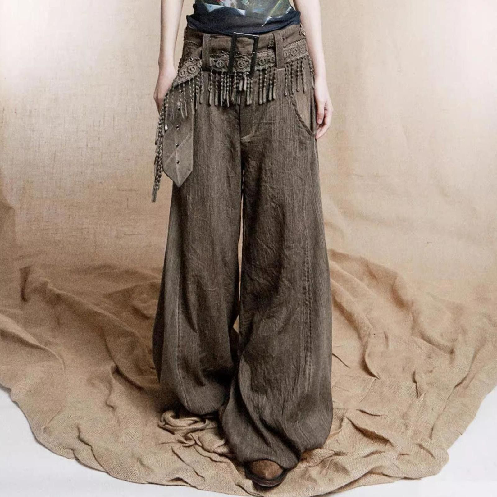 Japanese Brand Wide-Leg Trousers with Detachable Belt & Elastic Cuff Hems Size 28" / US 6 / IT 42 - 3 Thumbnail
