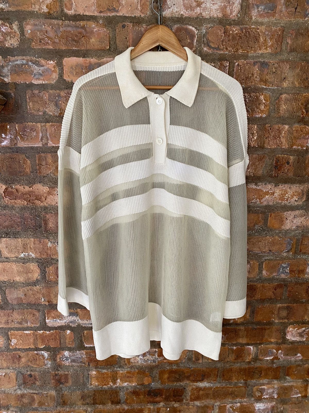 Homme Plisse Issey Miyake × Issey Miyake 2000s ISSEY MIYAKE Mesh Net stripe oversize shirt Size US L / EU 52-54 / 3 - 2 Thumbnail