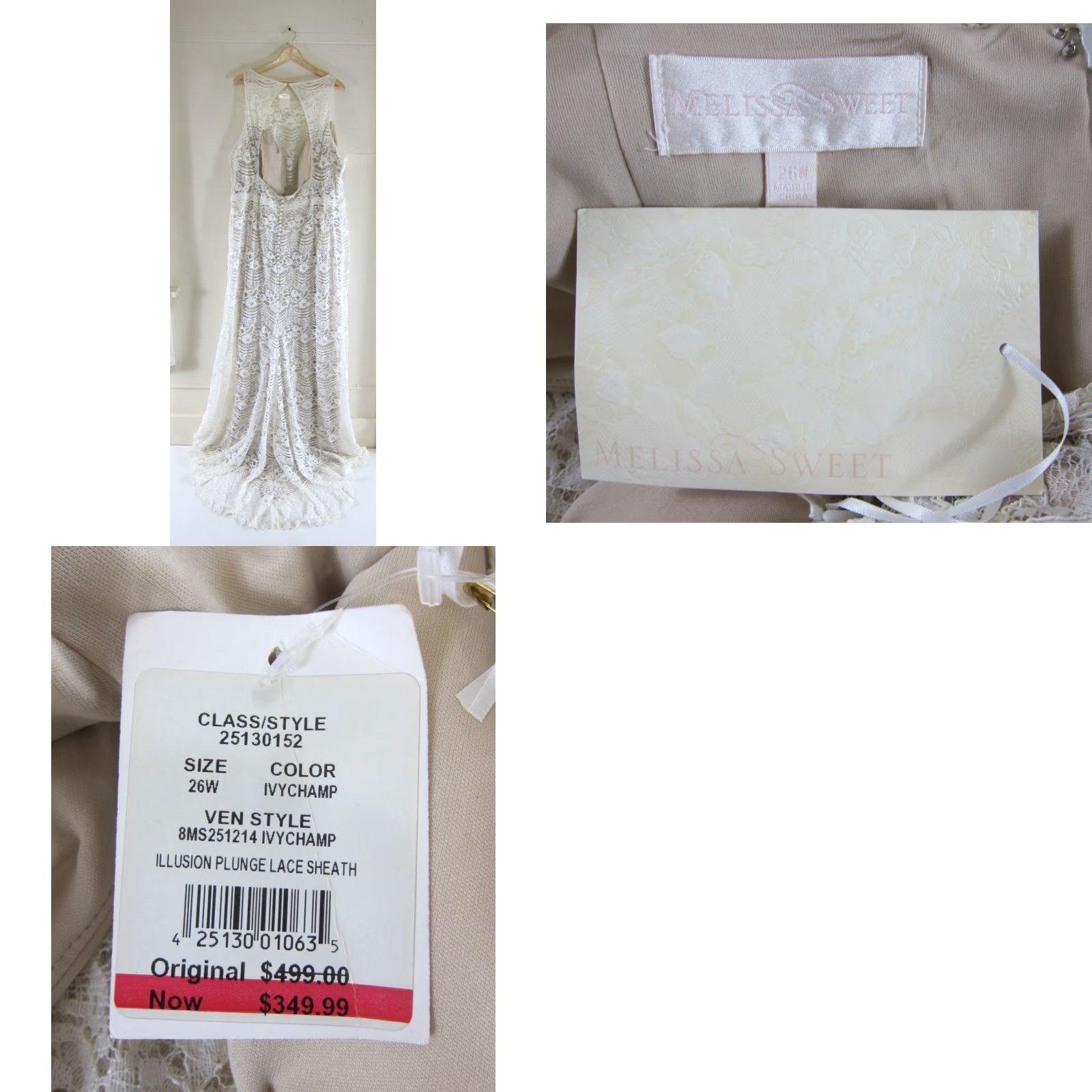 Vintage NWT Melissa Sweet Ivory Illusion Plunge Lace Sheath Open Back Wedding Dress 26W Size 26 - 8 Thumbnail