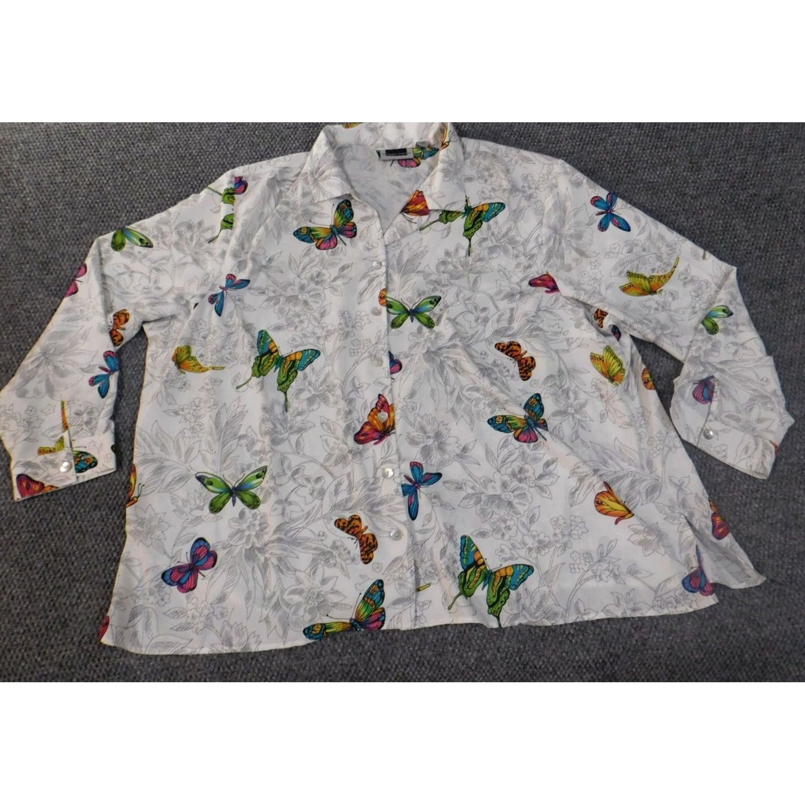 Vintage Maggie Barnes Button-Up Top Womens 32W Plus Size White Floral Butterfly Polyester Raglan Sleeve Collared Long Sleeve Casual Stretch Regular Size XXS / US 00 / IT 34 - 2 Thumbnail