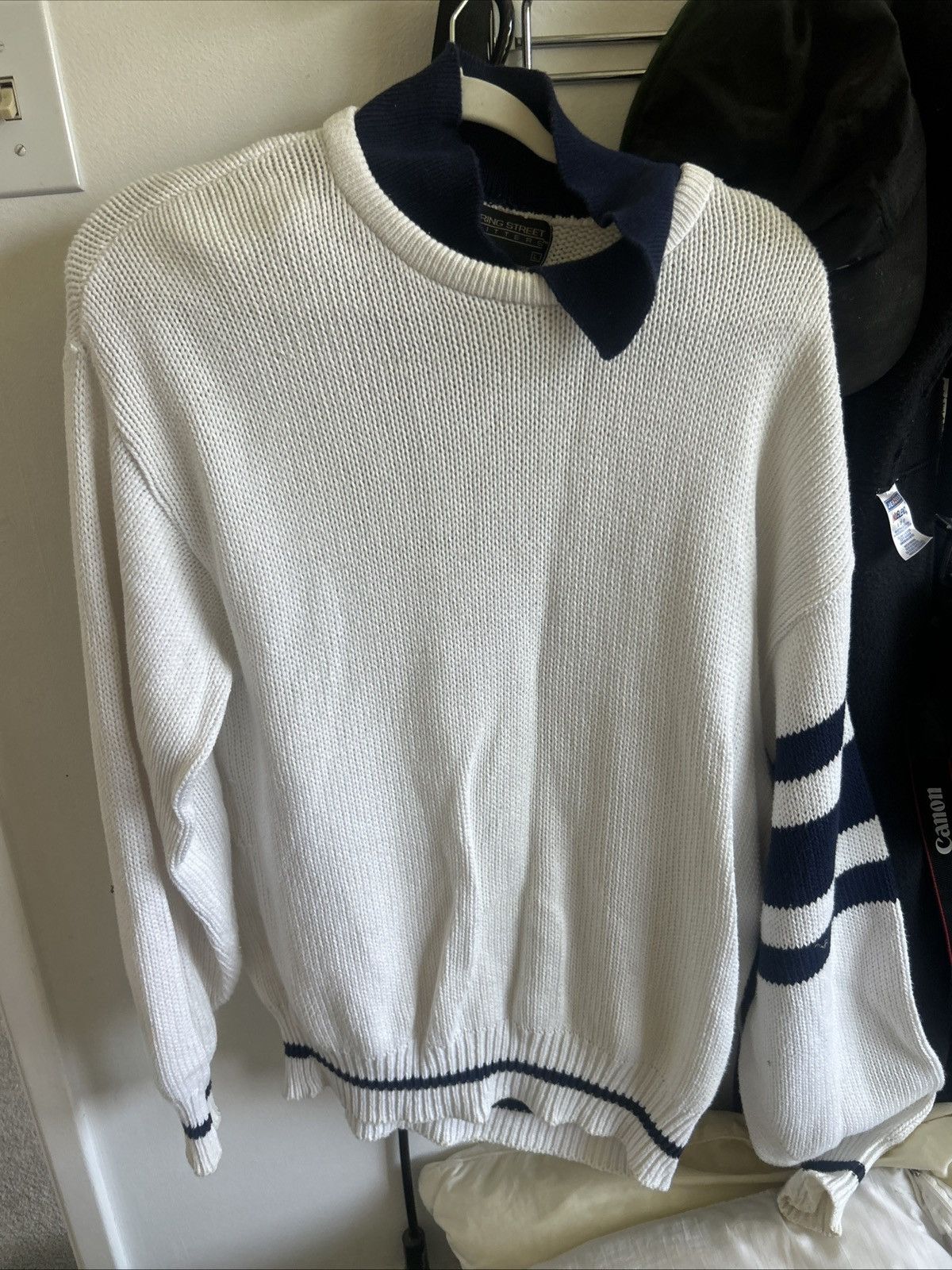 Vintage White polo knitted sweater Size US L / EU 52-54 / 3 - 1 Thumbnail