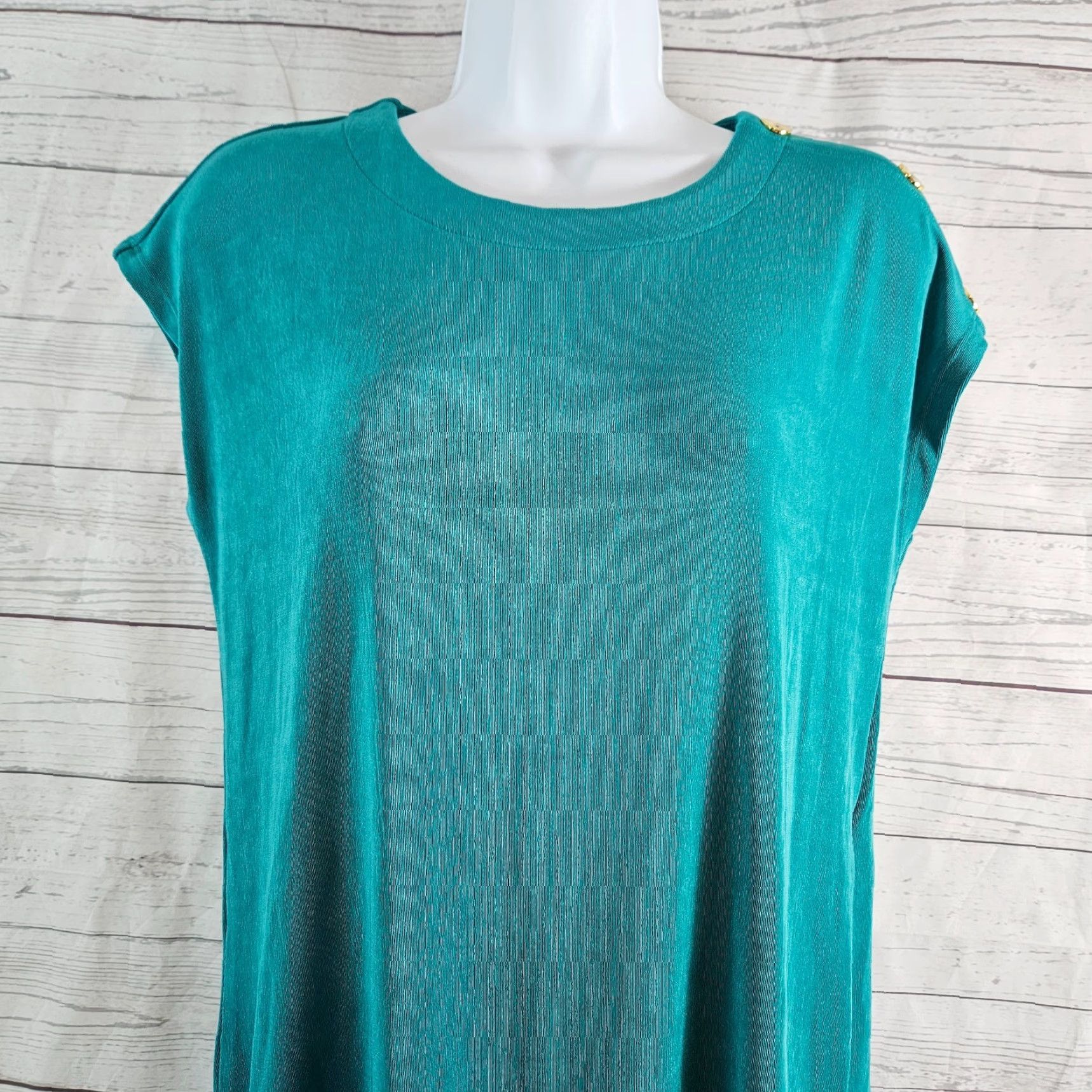 Vintage Chico's Top Shirt Womens Medium Teal Short Sleeve Button Detail Slinky Size M / US 6-8 / IT 42-44 - 3 Thumbnail