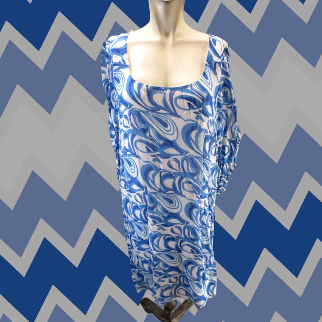 Vintage NWT EVA BLUE Size 14W Womens Multicolor 3/4 Bubble Sleeve Sheath Midi Dress