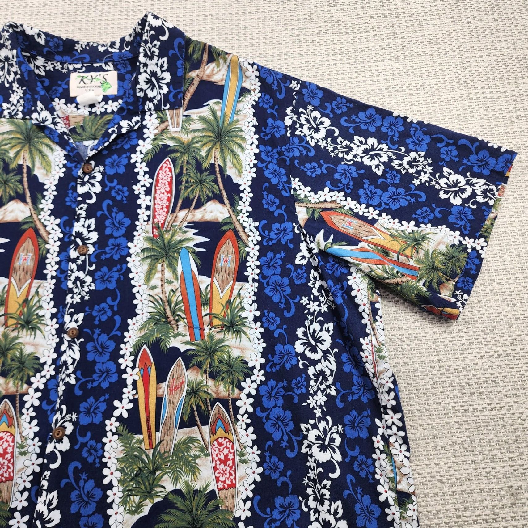 Vintage VINTAGE KY'S Hawaiian Aloha Shirt Mens 3XL Blue Surfboard Palm Hibiscus Made in Hawaii Size US XXL / EU 58 / 5 - 2 Thumbnail