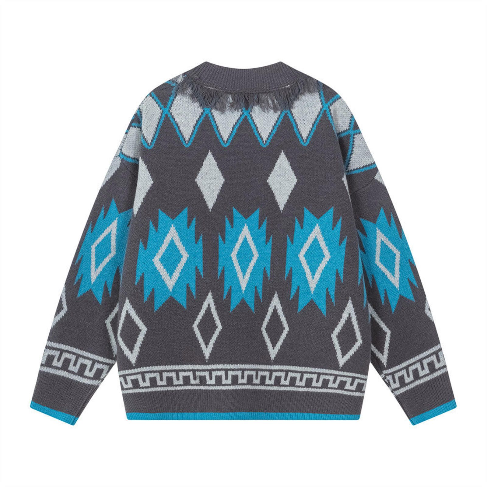 Vintage Gray Blue Geometric Patterned Fringe Cardigan Sweater Size US M / EU 48-50 / 2 - 2 Thumbnail