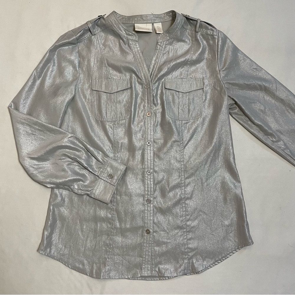 Chicos New Chico's Silver Shimmer Izzie Top Shirt Size 0 US S Size S / US 4 / IT 40 - 5 Thumbnail