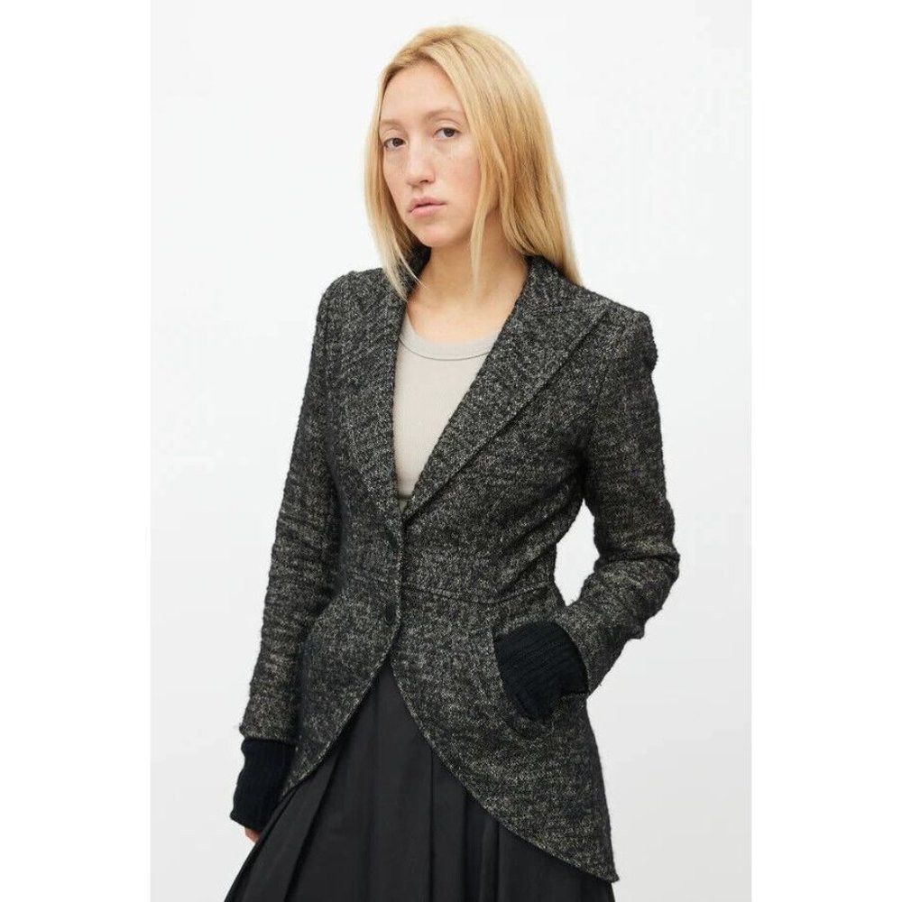 image of Smythe Speckled Peak Lapel Tweed Blazer Equestrian Knit Cuff in Grey, Women's (Size Medium)