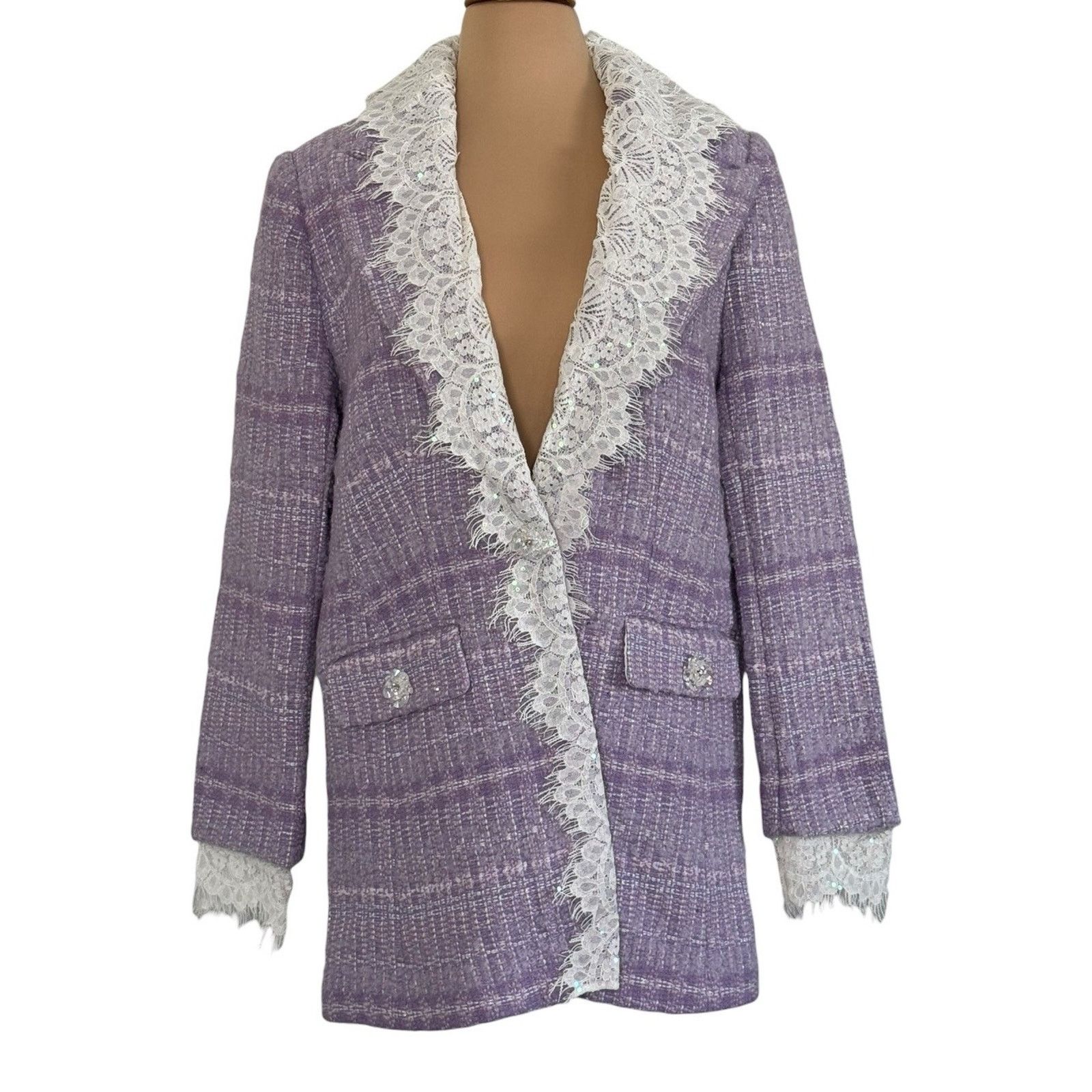 Other MARIE ELIE Lavender Tweed Wool Lace Designer Blazer Metallic Size L / US 10 / IT 46 - 3 Thumbnail