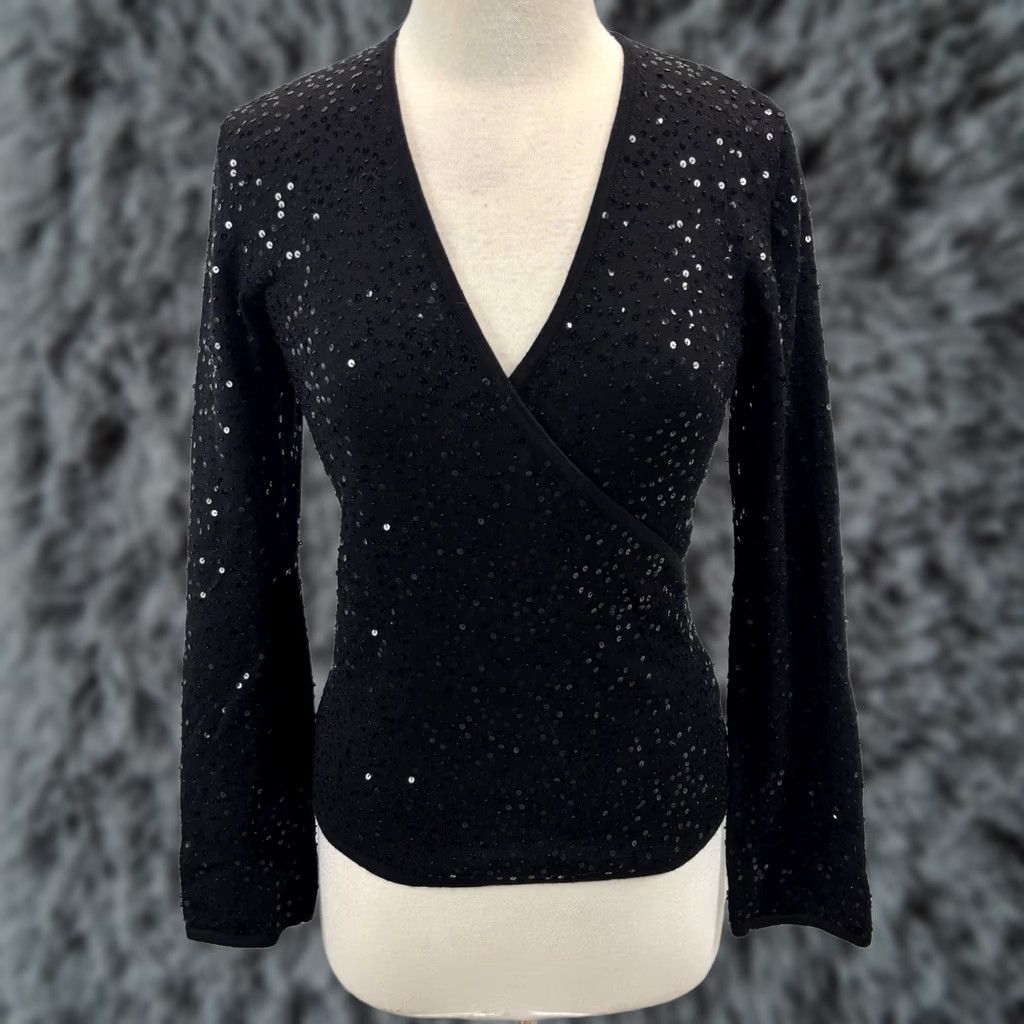 Vintage Lafayette 148 Wool Sequin Faux Wrap Sweater Women’s M Black Stretch Evening Size M / US 6-8 / IT 42-44 - 1 Thumbnail
