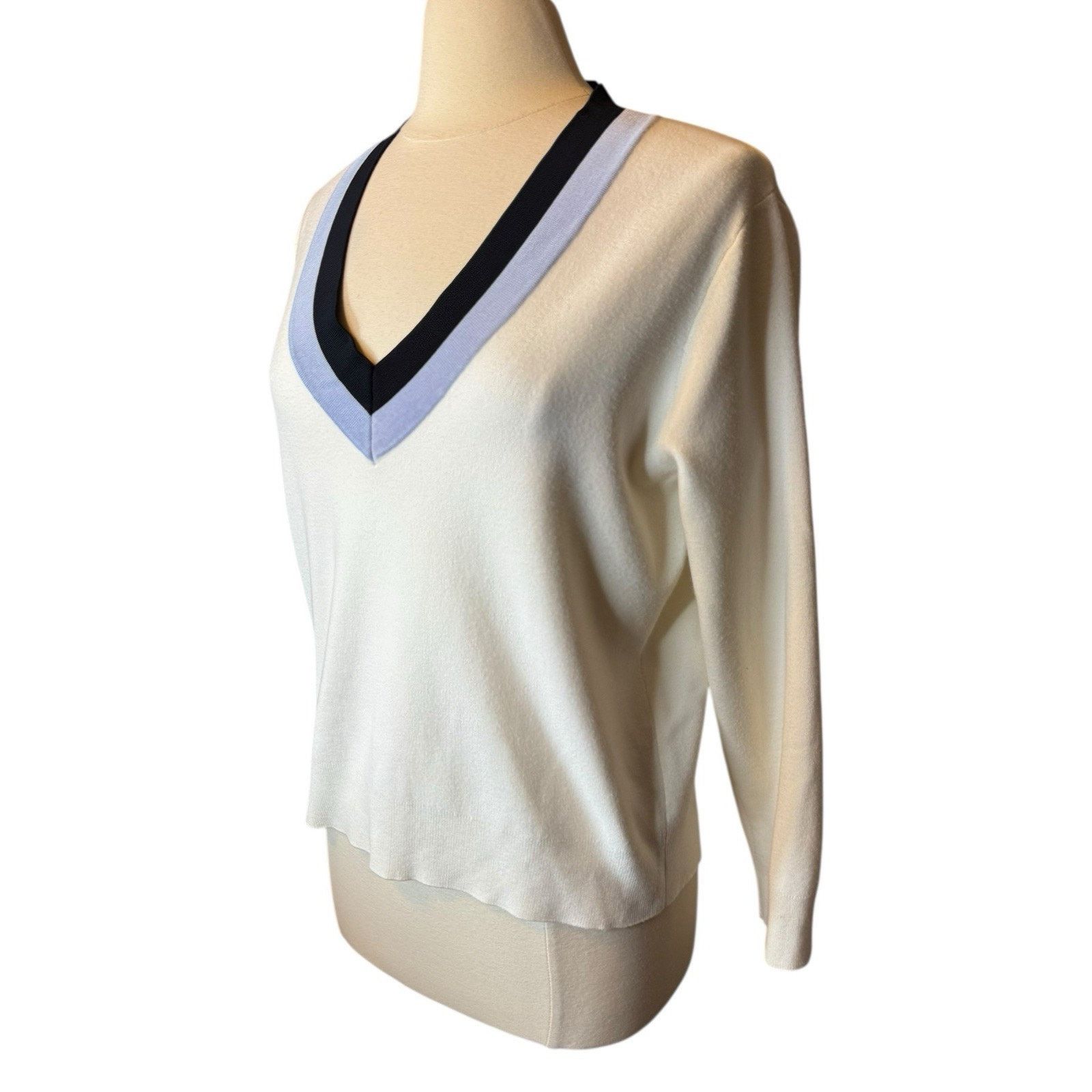 Mango Mango NEW V Neck Varsity Sweater Pullover Cream and Blue Size M / US 6-8 / IT 42-44 - 3 Thumbnail