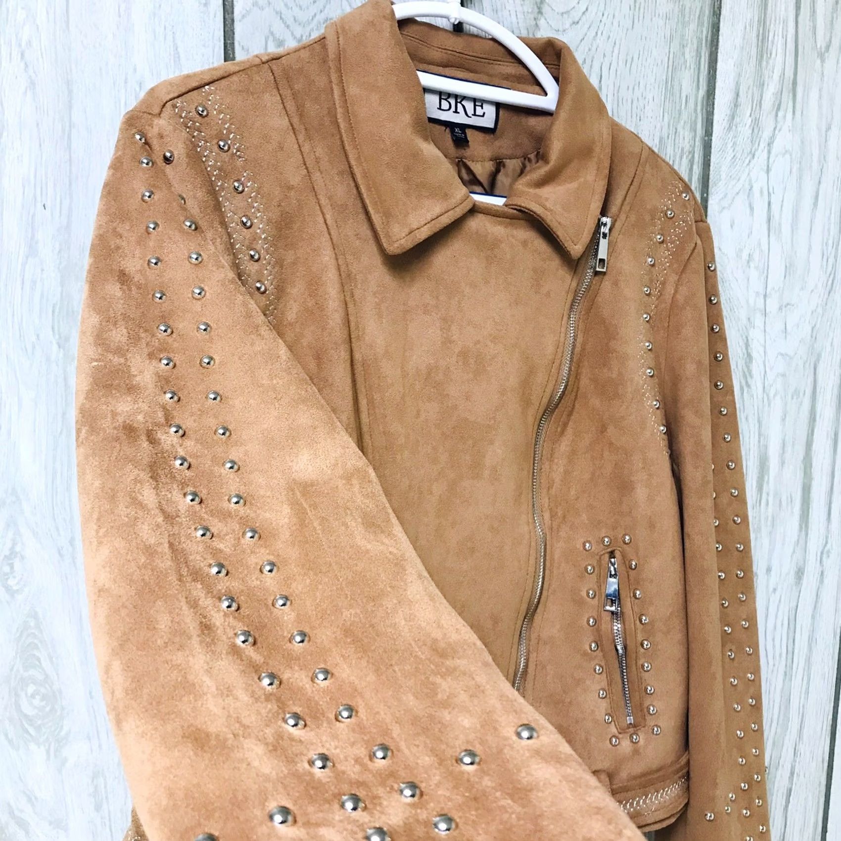 BKE BKE Women Brown Faux Suede Studded Stretch Asymmetrical Zip Jacket XL Jacket Womens Brown Leatherette Buckle Zipper Pockets Motorcycle Size XL / US 12-14 / IT 48-50 - 5 Thumbnail