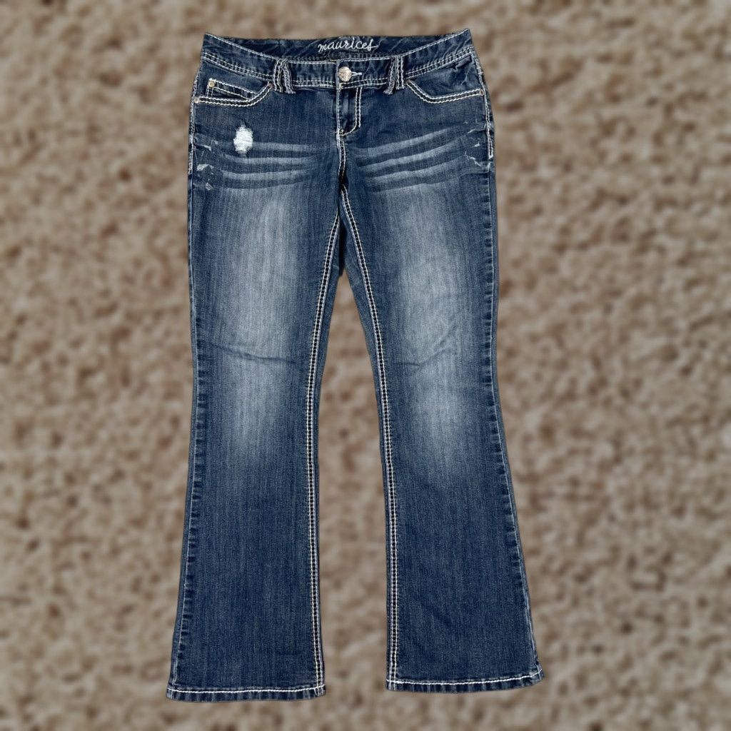 Vintage Maurices Jeans Women's 7 Blue Denim Low Rise Bootcut Distressed Cotton Western 5-Pocket Mens Womens? Size 28" / US 6 / IT 42 - 1 Thumbnail