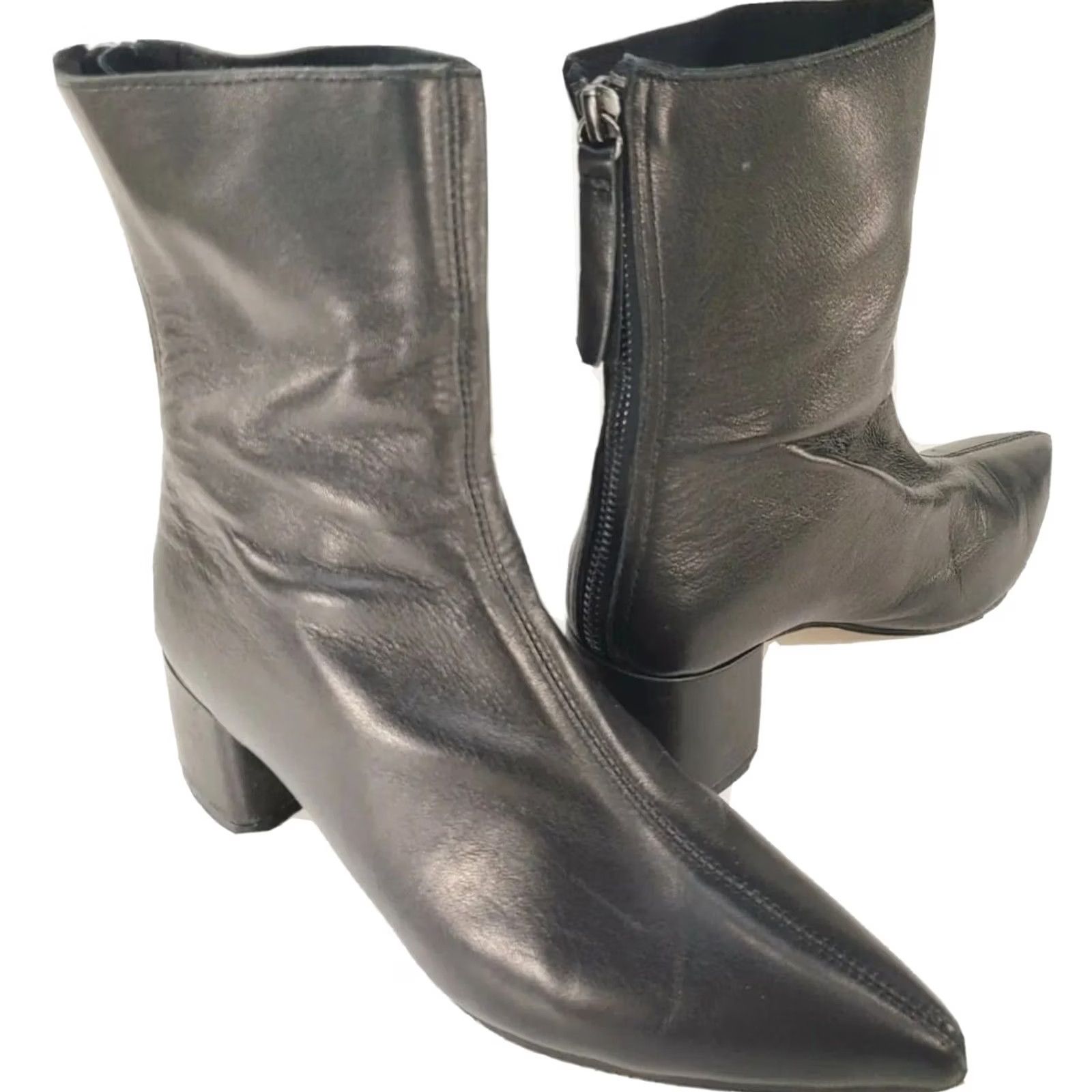 Vintage ALL BLACK Brand Women's Ankle Boots Pointed Toe Mid Heels Black Back Zip 5-5.5M 36EU Size US 5.5 / IT 35.5 - 2 Thumbnail