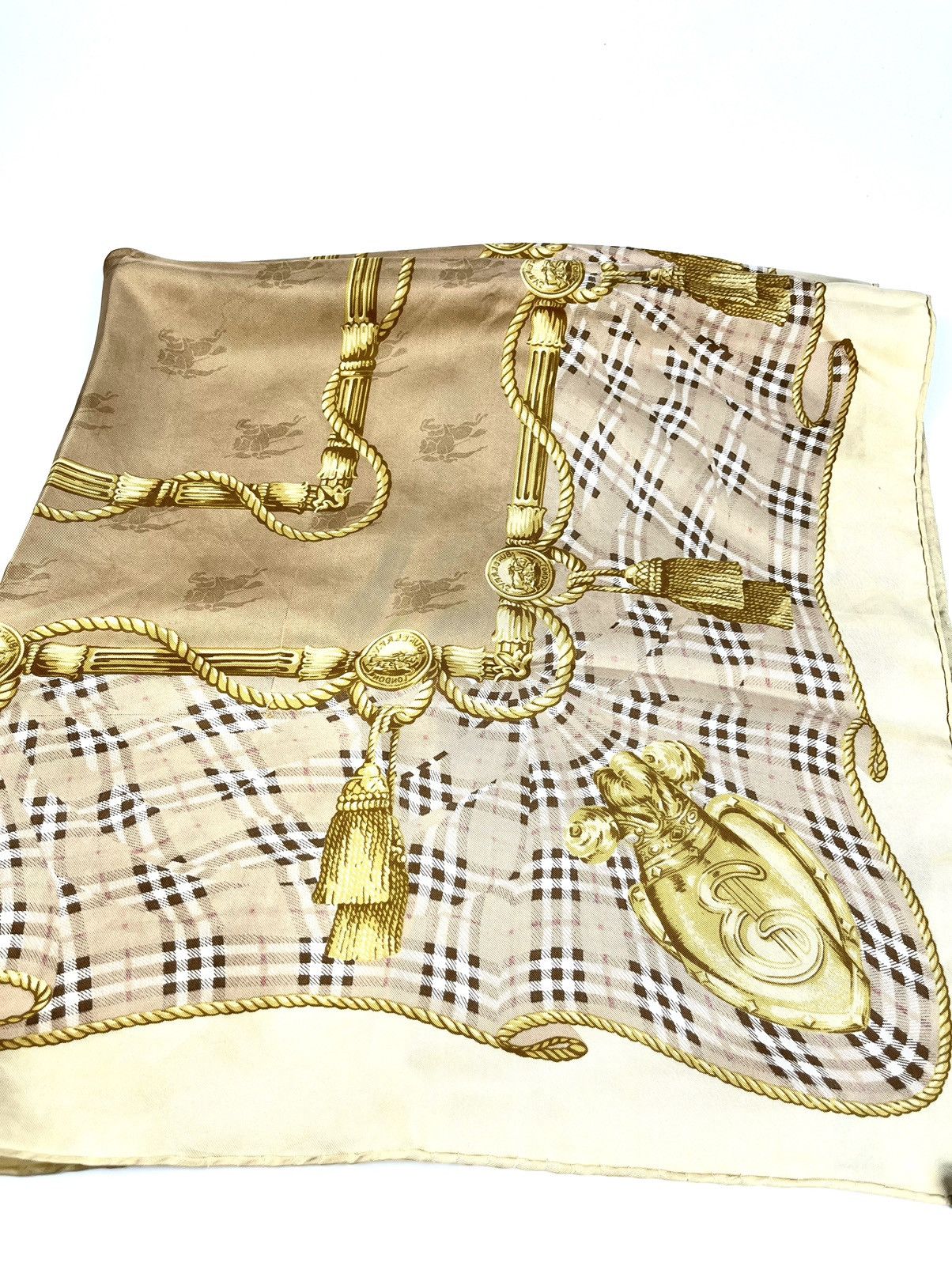 image of Burberry Vintage Beige And Yellow Check Silk Scarf in Beige/Yellow, Women's