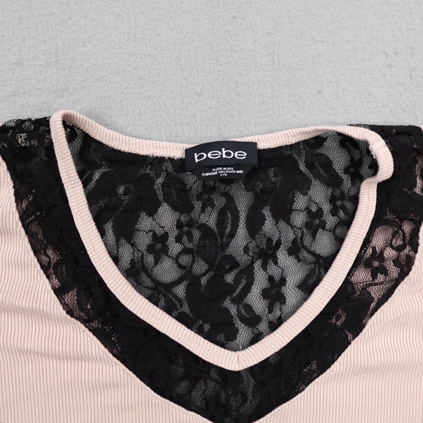 Bebe Bebe Shirt Adult Large Pink Black Lace Ribbed V Neck Rhinestone Top Y2K USA Size L / US 10 / IT 46 - 2 Thumbnail