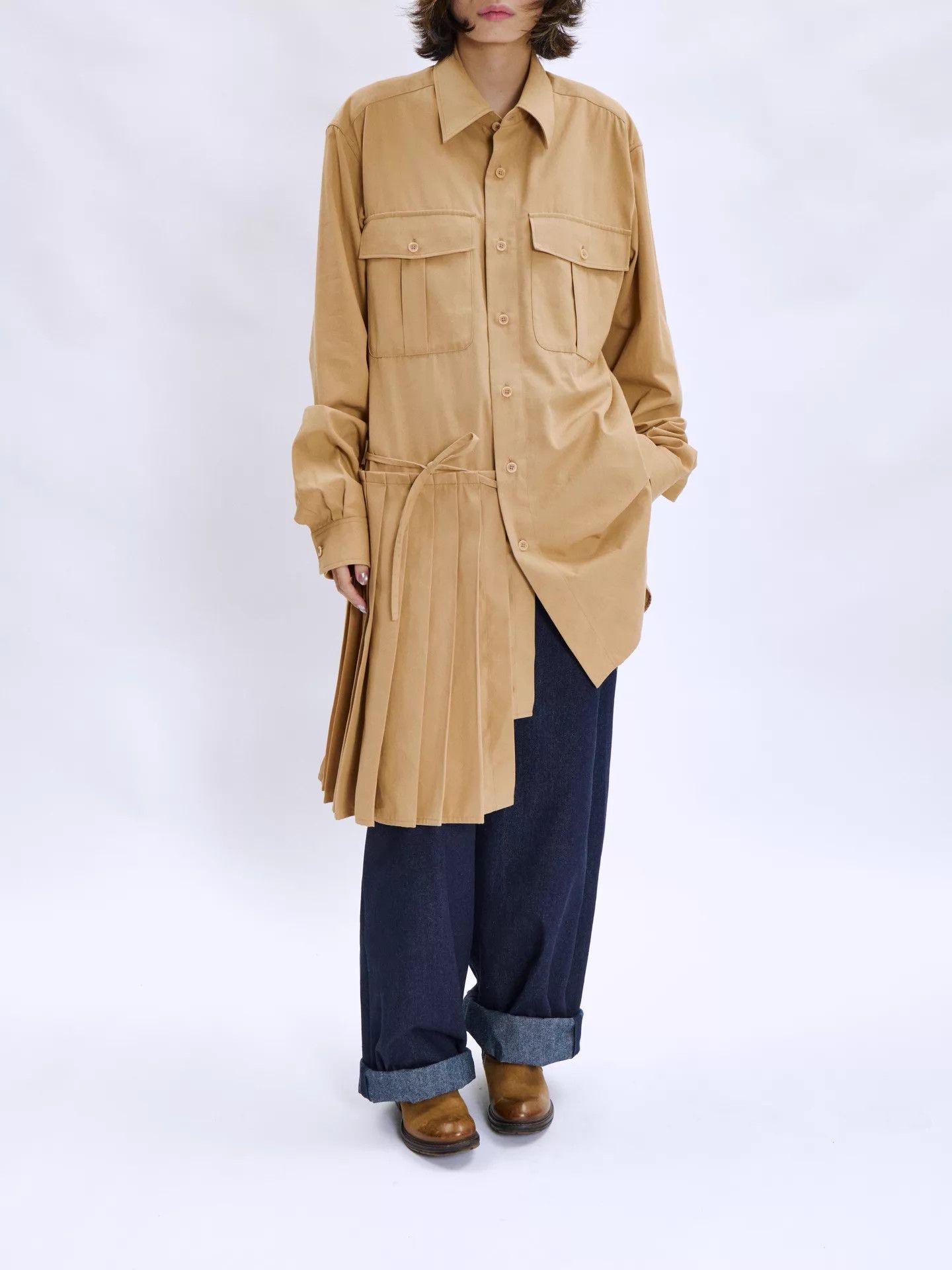 Dries Van Noten Dries Van Noten 23SS Khaki Asymmetric Pleated Shirt Size XL / US 12-14 / IT 48-50 - 4 Thumbnail