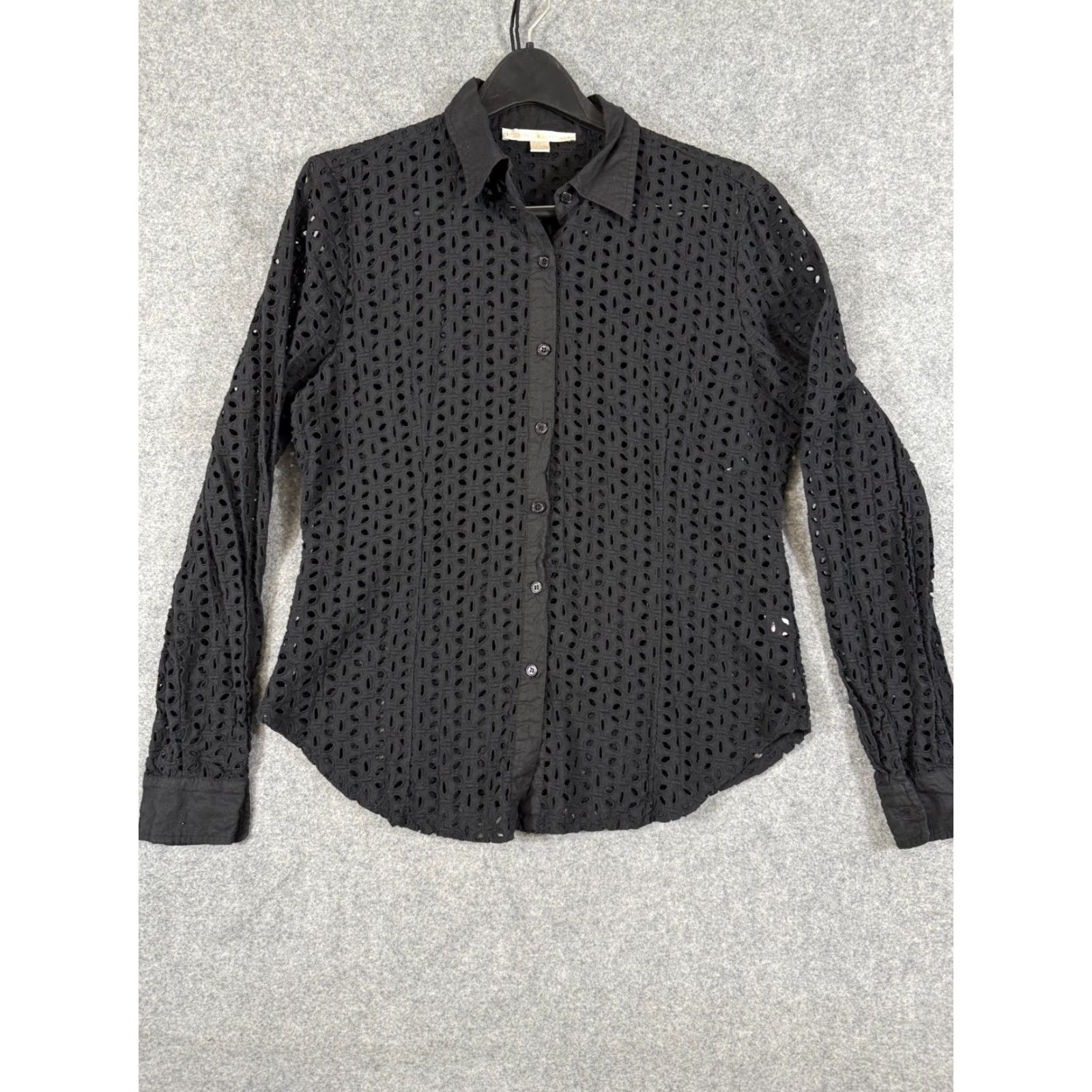 Boston Proper VINTAGE Boston Proper Lattice Shirt Womens 18 Black Cotton Button Up Eyelet Embroidered Long Sleeve Size XXL / US 16-18 / IT 52-54 - 3 Thumbnail