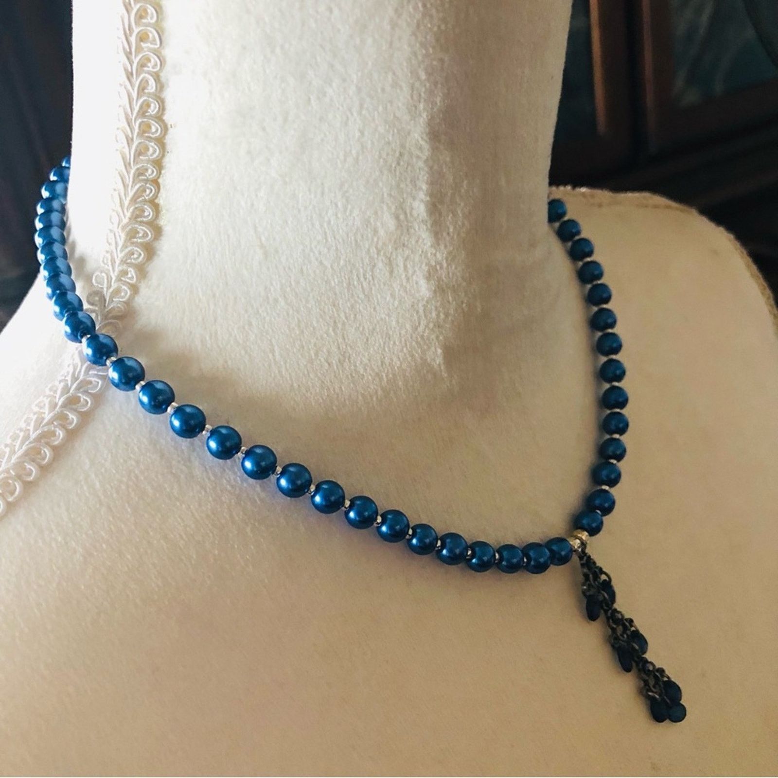 Handmade Handcrafted repurpose blue crystal chandelier Pearl necklace Size ONE SIZE - 3 Thumbnail