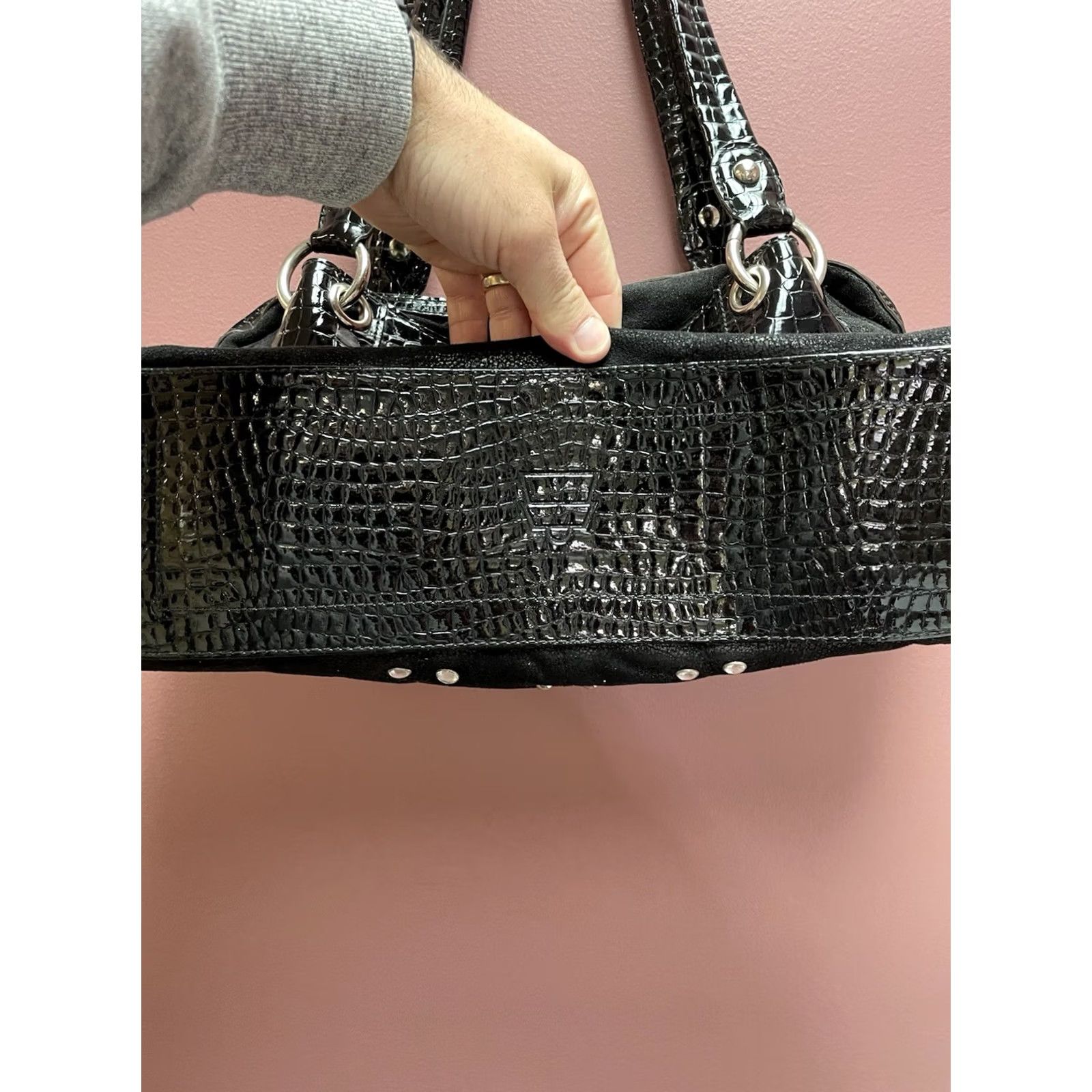 Crocs VINTAGE Kathy Van Zeeland Y2K McBling Studded Purse Bag Black Croc Faux Leather Glam Shoulder Bag Womens Size ONE SIZE - 7 Thumbnail