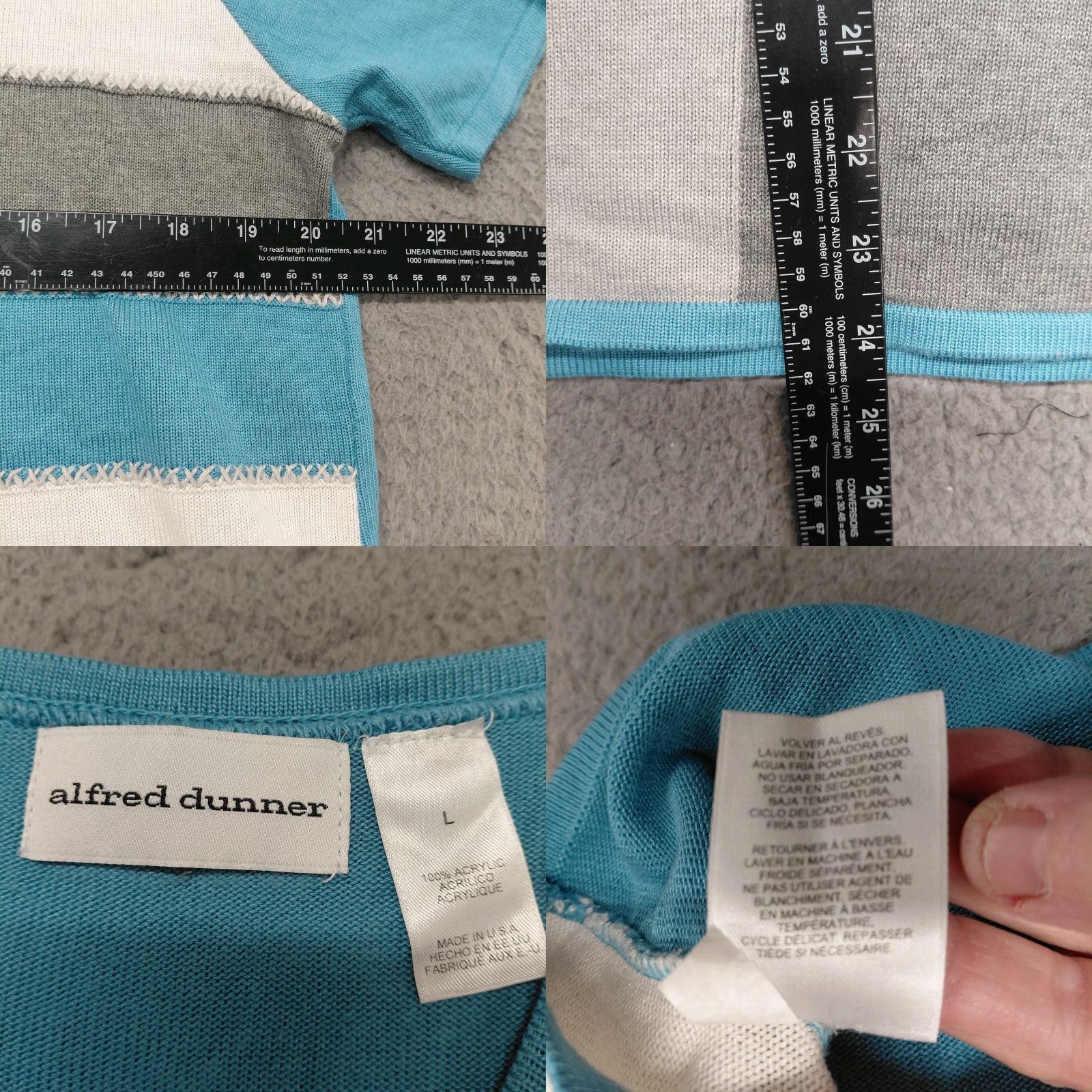 Vintage VINTAGE Alfred Dunner Blouse Women's L Blue White & Gray Blocked Short Sleeve Geometric Knit Crewneck Pullover Regular Sleeves Womens Size L / US 10 / IT 46 - 8 Thumbnail