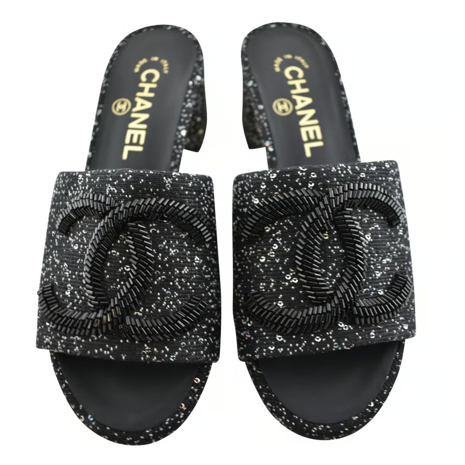 19P Fabric CC Logo Backless Slide Mule Sandal Block Heel 35