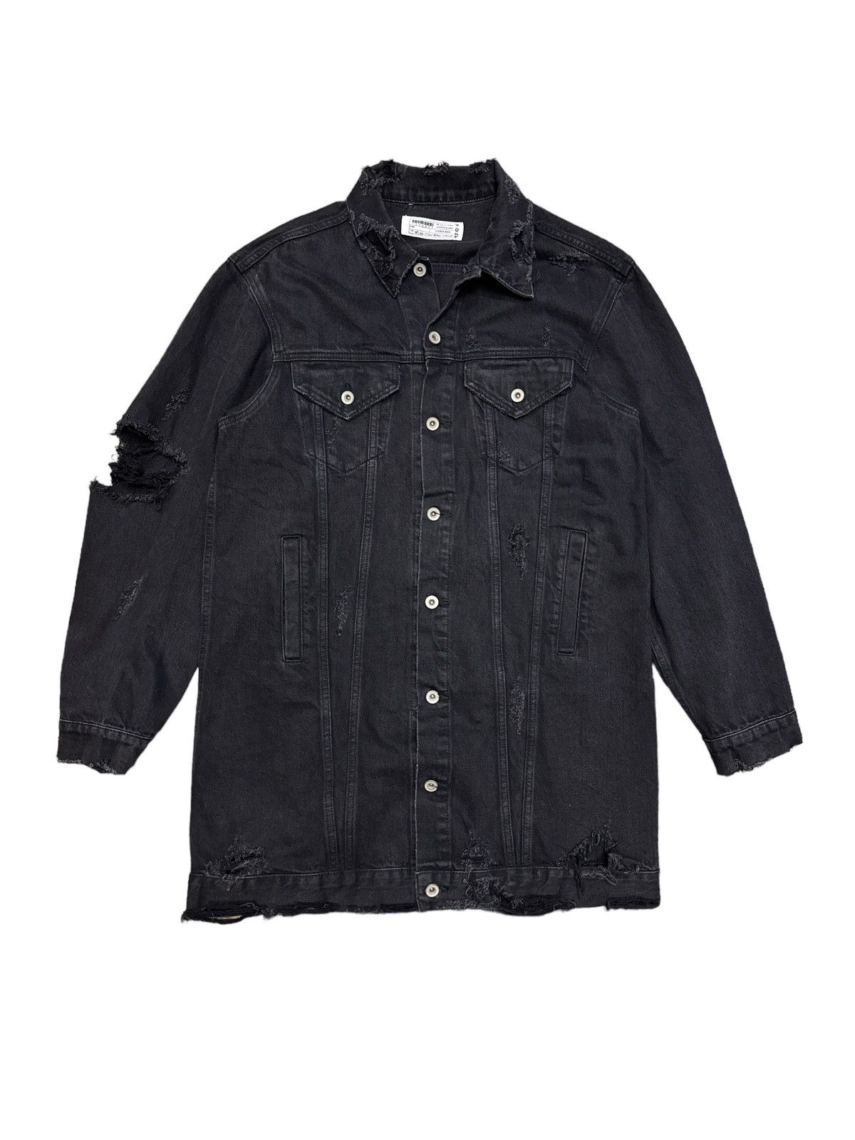 image of Avant Garde Legenda Made Destroyed Distressed Long Denim Jacket For Men in Black (Size Medium)