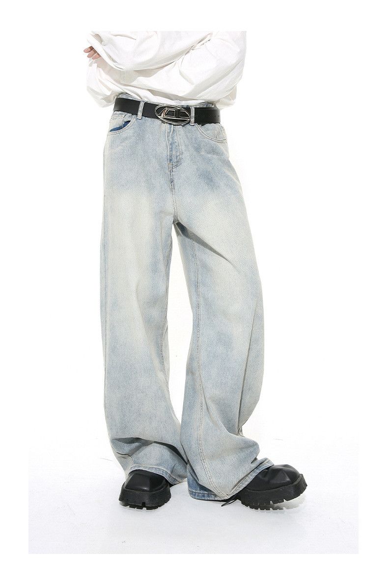 Vintage Men's light blue washed wide-leg straight distressed jeans Size US 32 / EU 48 - 3 Thumbnail